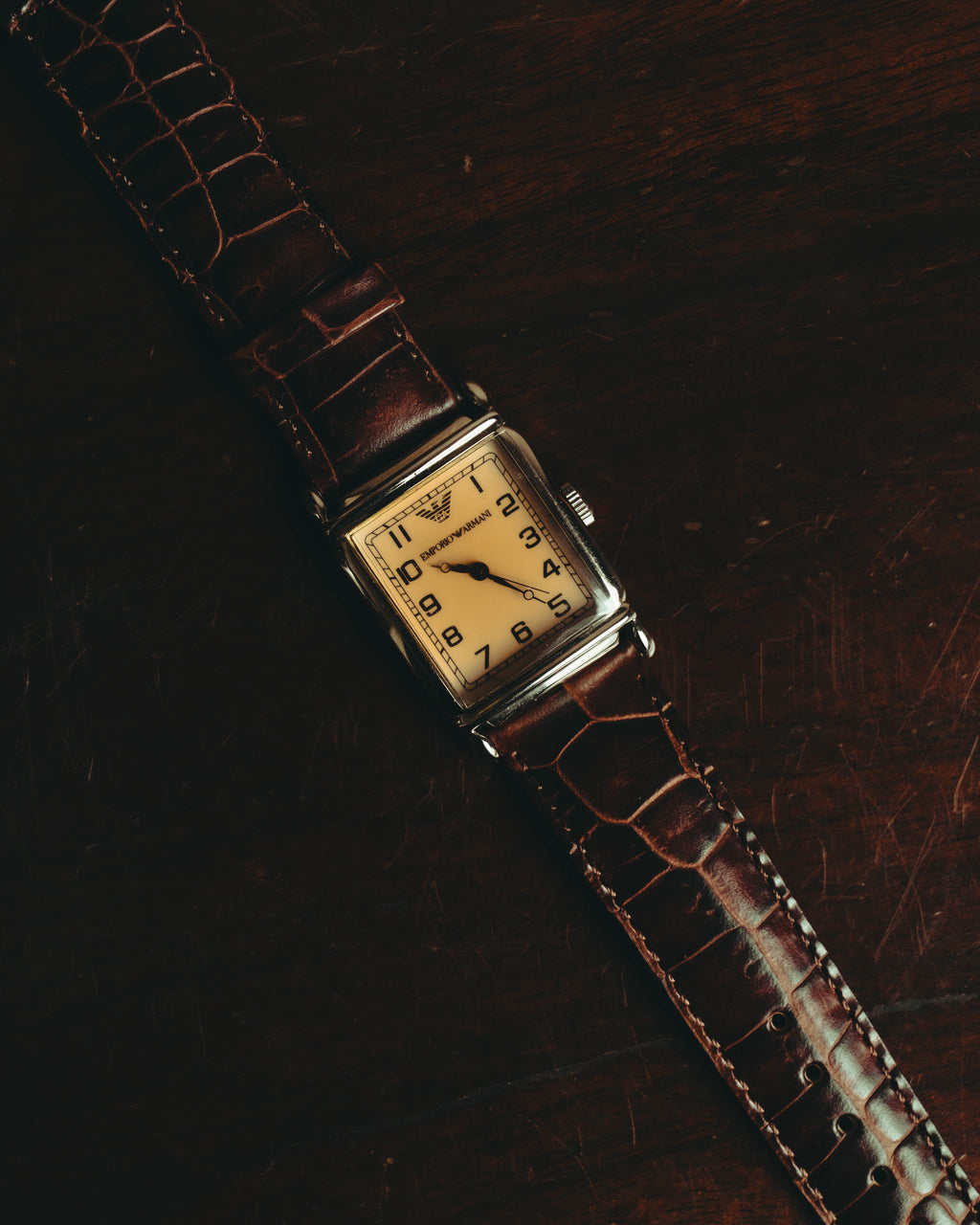 “EMPORIO ARMANI” Late 90’s-early 10’s Art deco rectangular leather strap watch