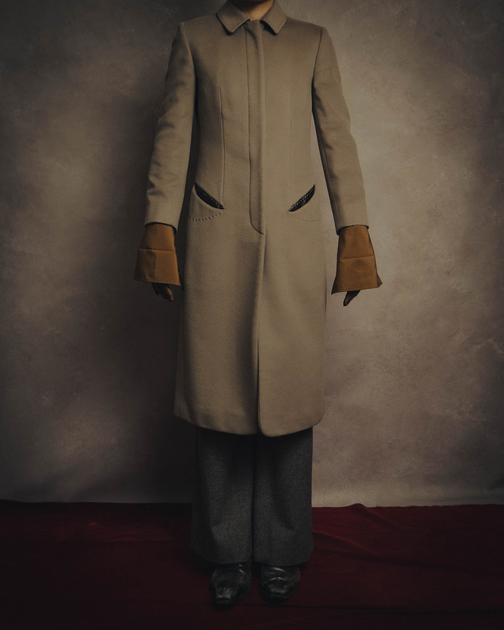 -SPECIAL- "FENDI" 90's-00's Cashmere blend long coat with leather contrast
