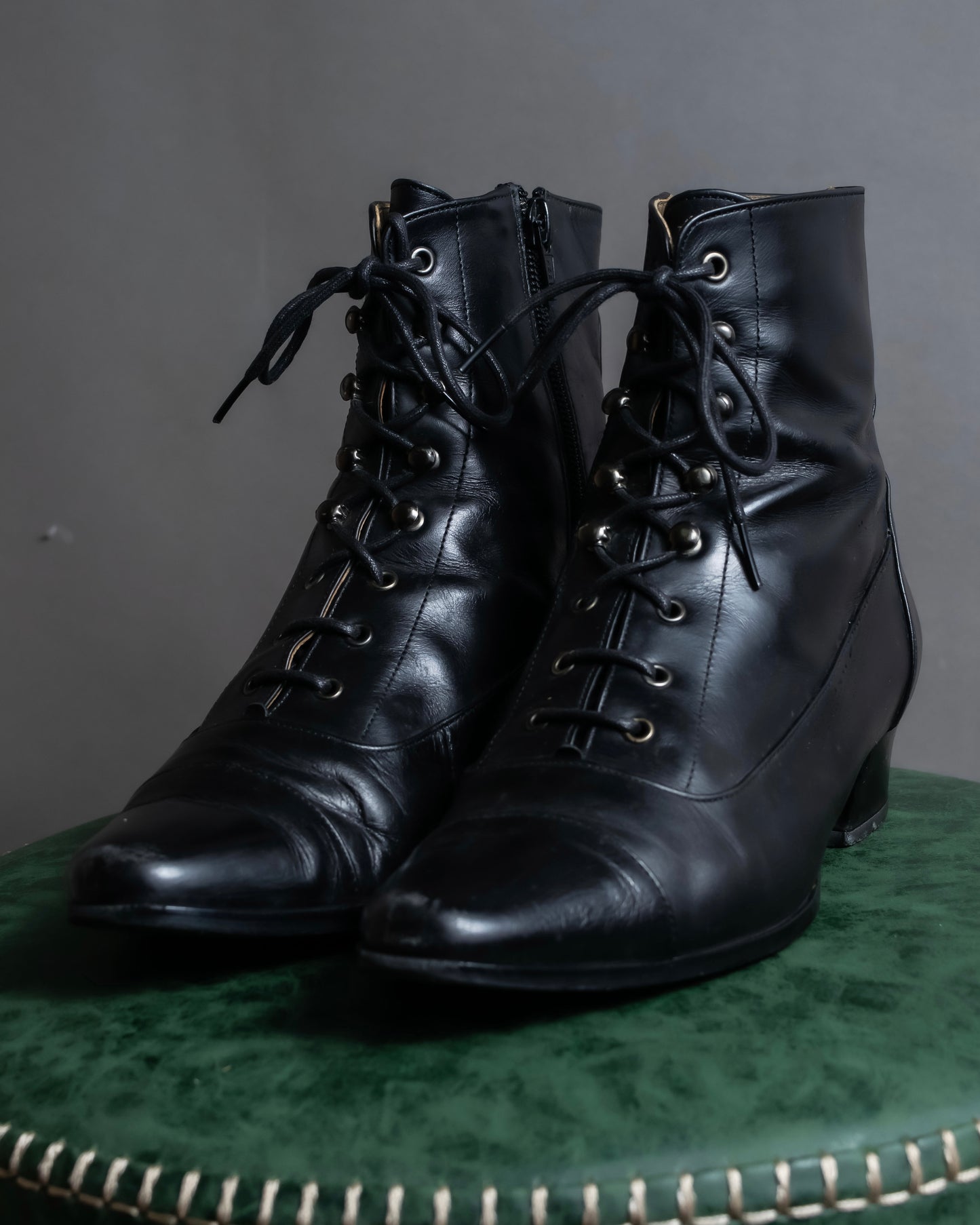 "YVES SAINT LAURENT" Side zip design lace up heel boots