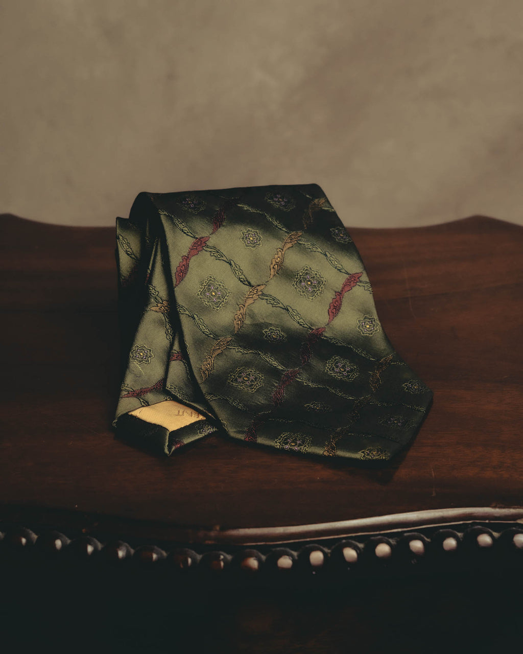 "Yves Saint Laurent" 80's-90's Olive silk jacquard necktie