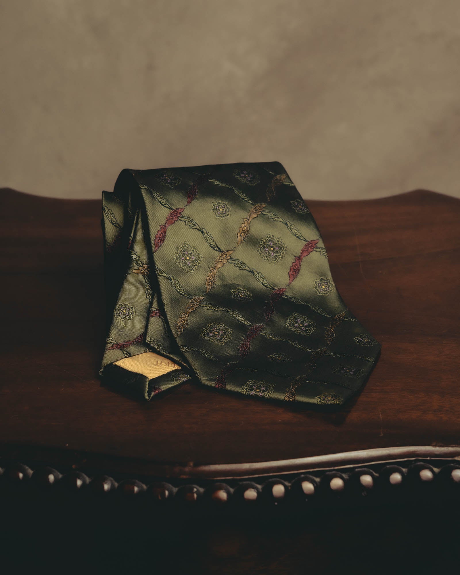 "Yves Saint Laurent" 80's-90's Olive silk jacquard necktie