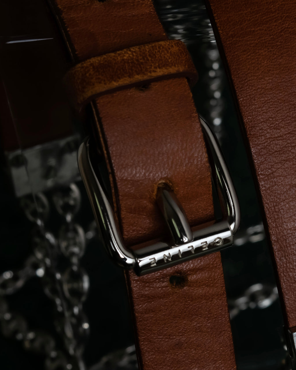 "CELINE" Oval link chain design leather combination belt