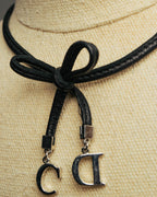 "Christian Dior" Ribbon charm leather cord choker necklace