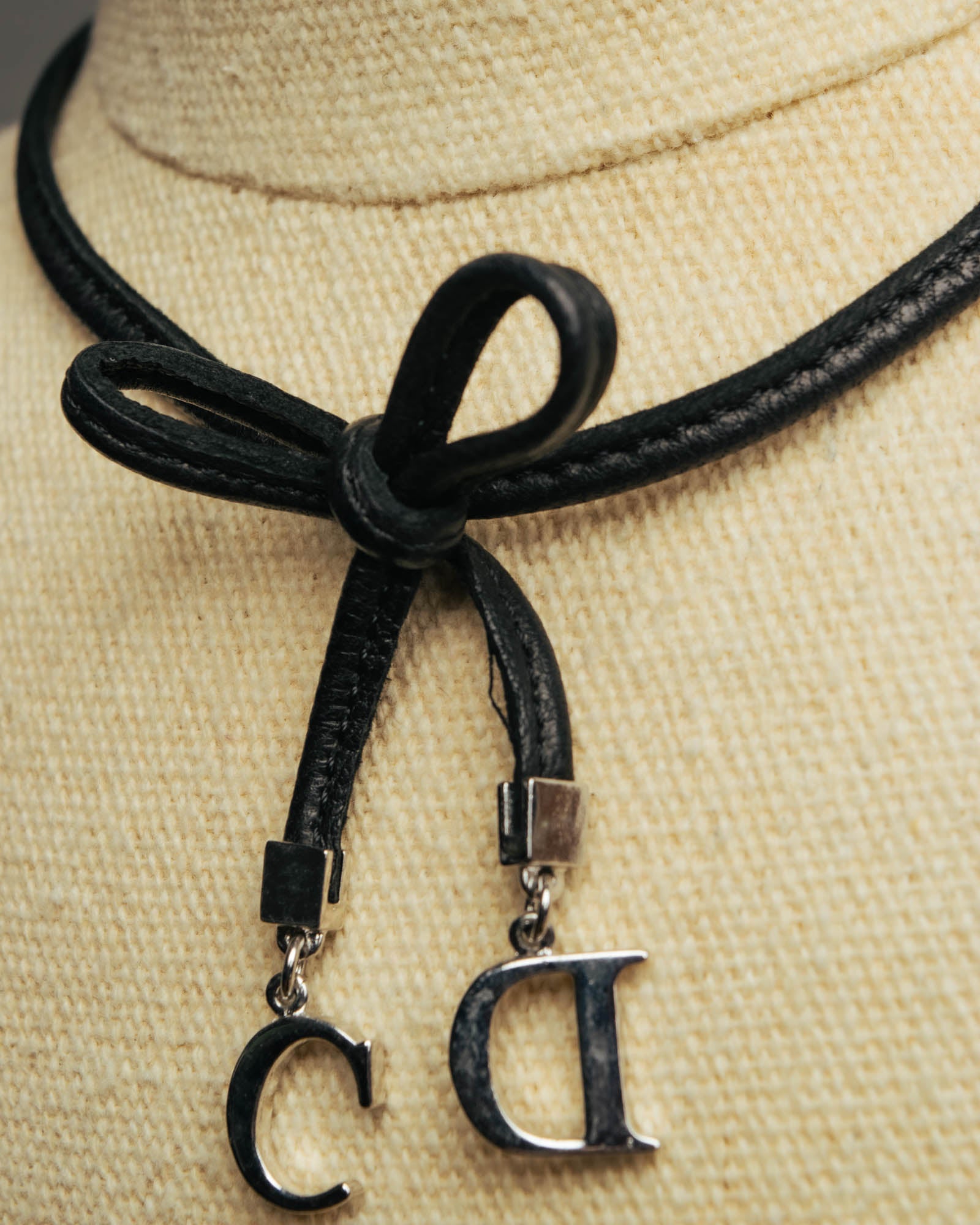 "Christian Dior" Ribbon charm leather cord choker necklace