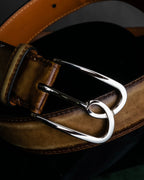 "Berluti" Patina finish curved buckle leather belt