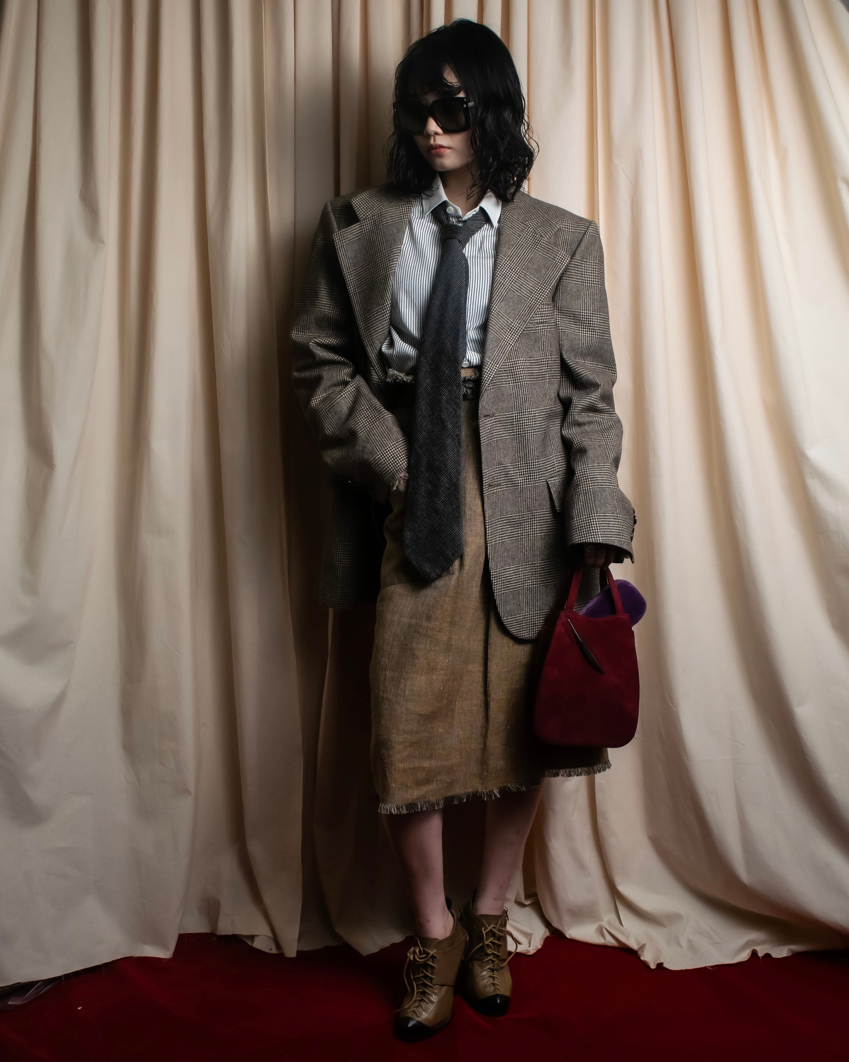 "YVES SAINT LAURENT" Glen plaid oversized wool tailored jacket