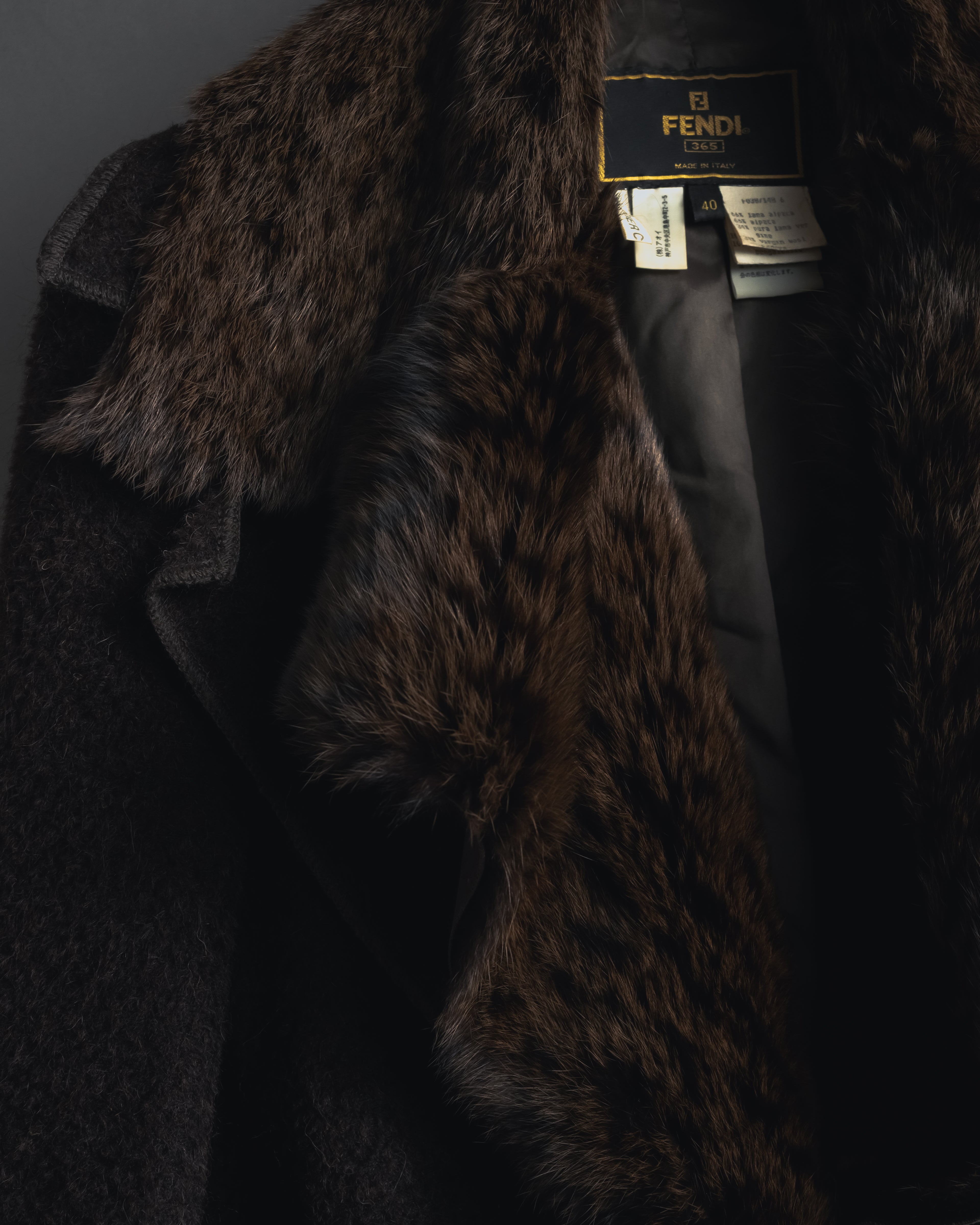 "FENDI" 90’s-00’s Sculptural belted leopard cat fur collar alpaca coat