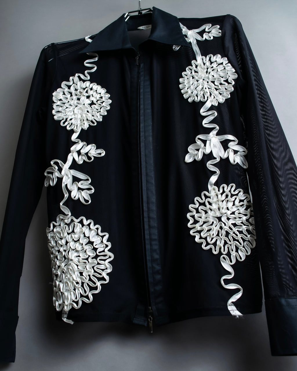 Vintage double zip ribbon flower design sheer jacket