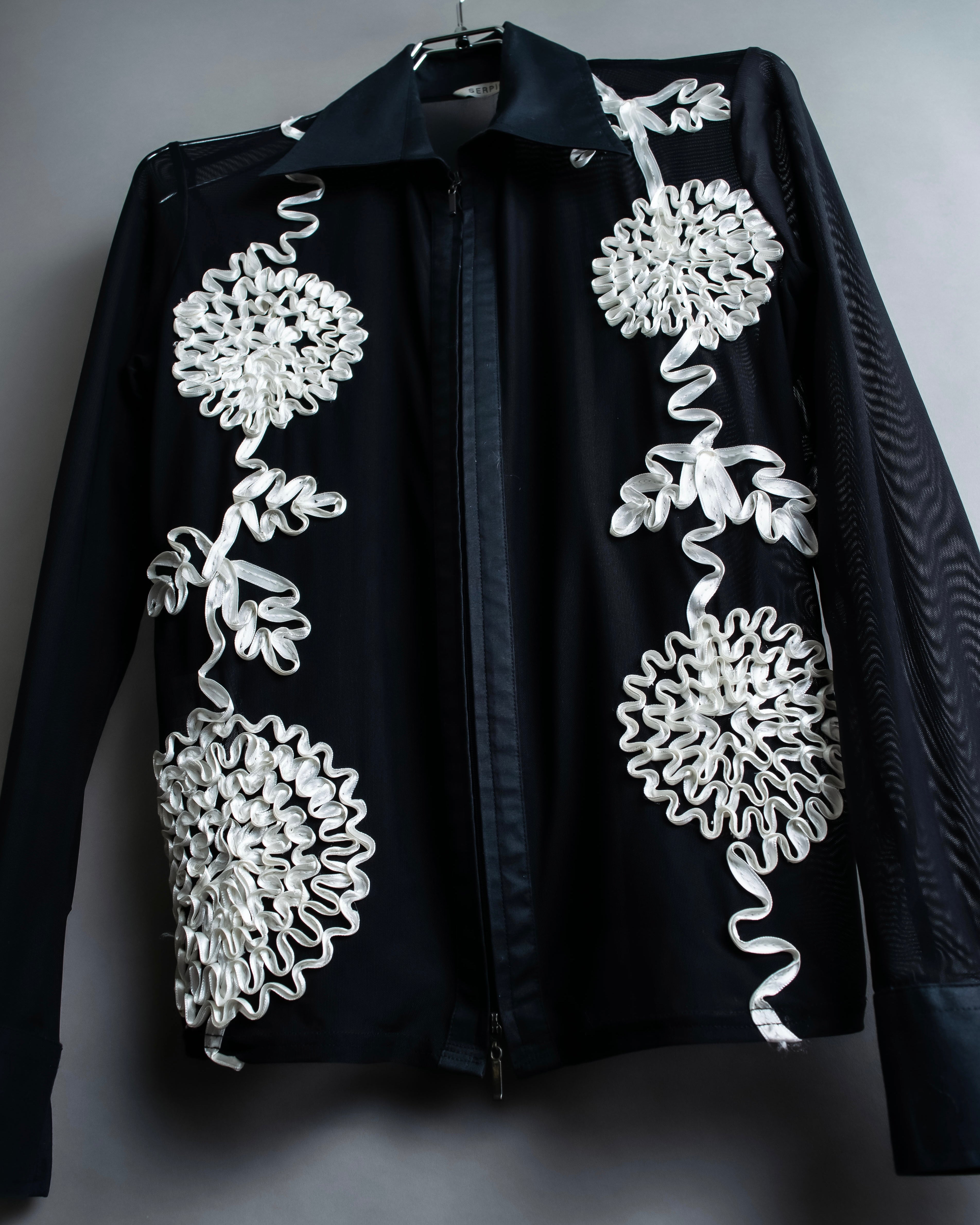 Vintage double zip ribbon flower design sheer jacket