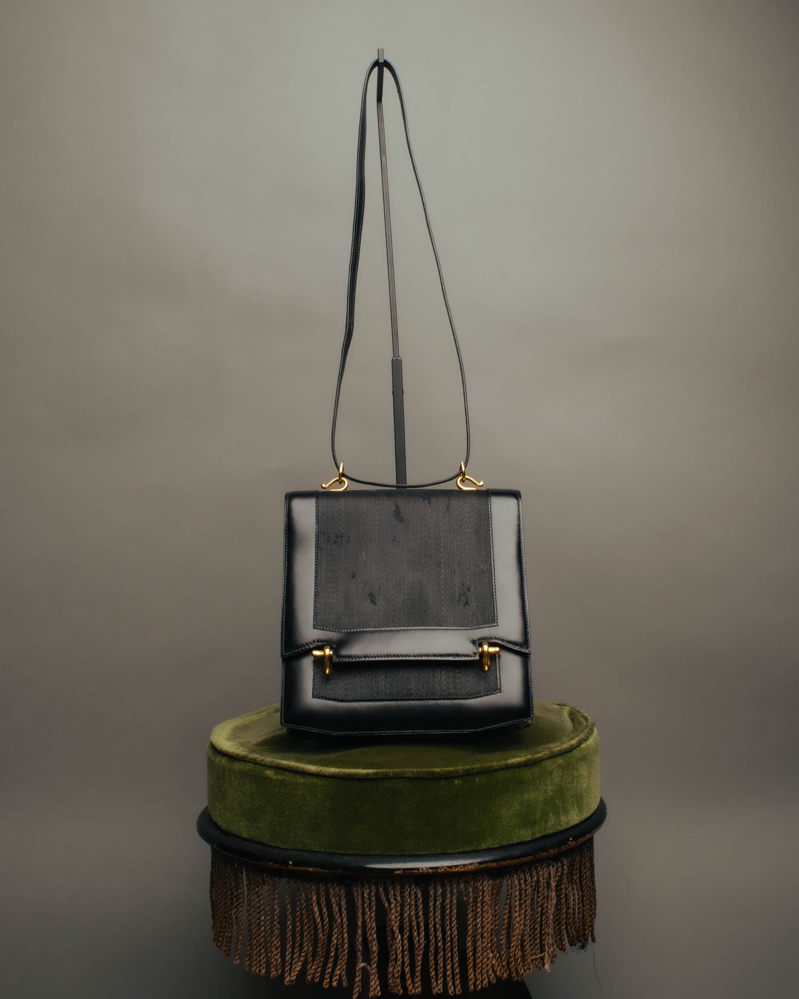 -SPECIAL- “HERMÈS” 80’s-90’s Camargue black leather and canvas shoulder bag
