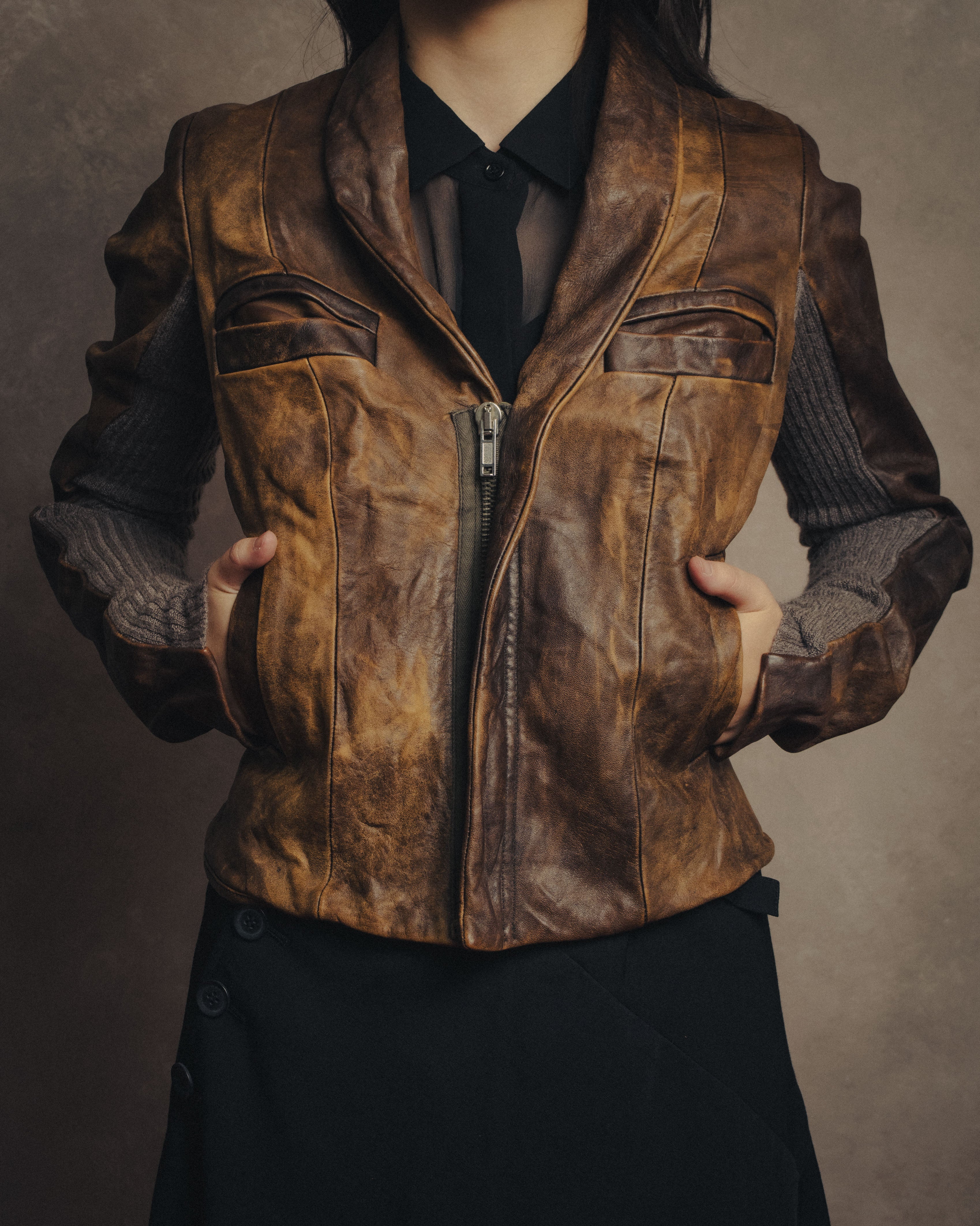 -SPECIAL- “Rick Owens” 00’s Washed lamb leather rib sleeve jacket