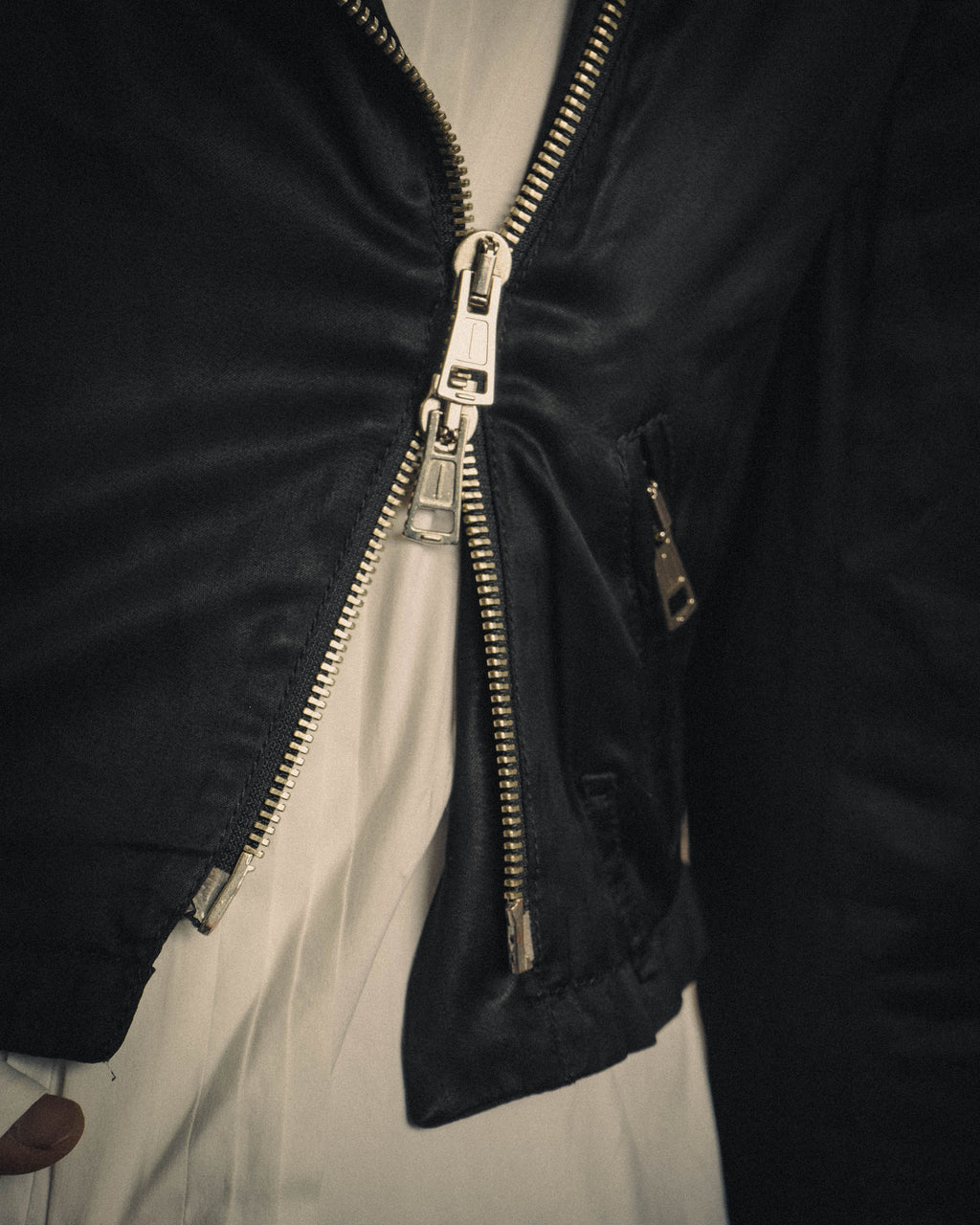 -SPECIAL- “ANN DEMEULEMEESTER” Pre-2012 asymmetric cropped satin biker jacket
