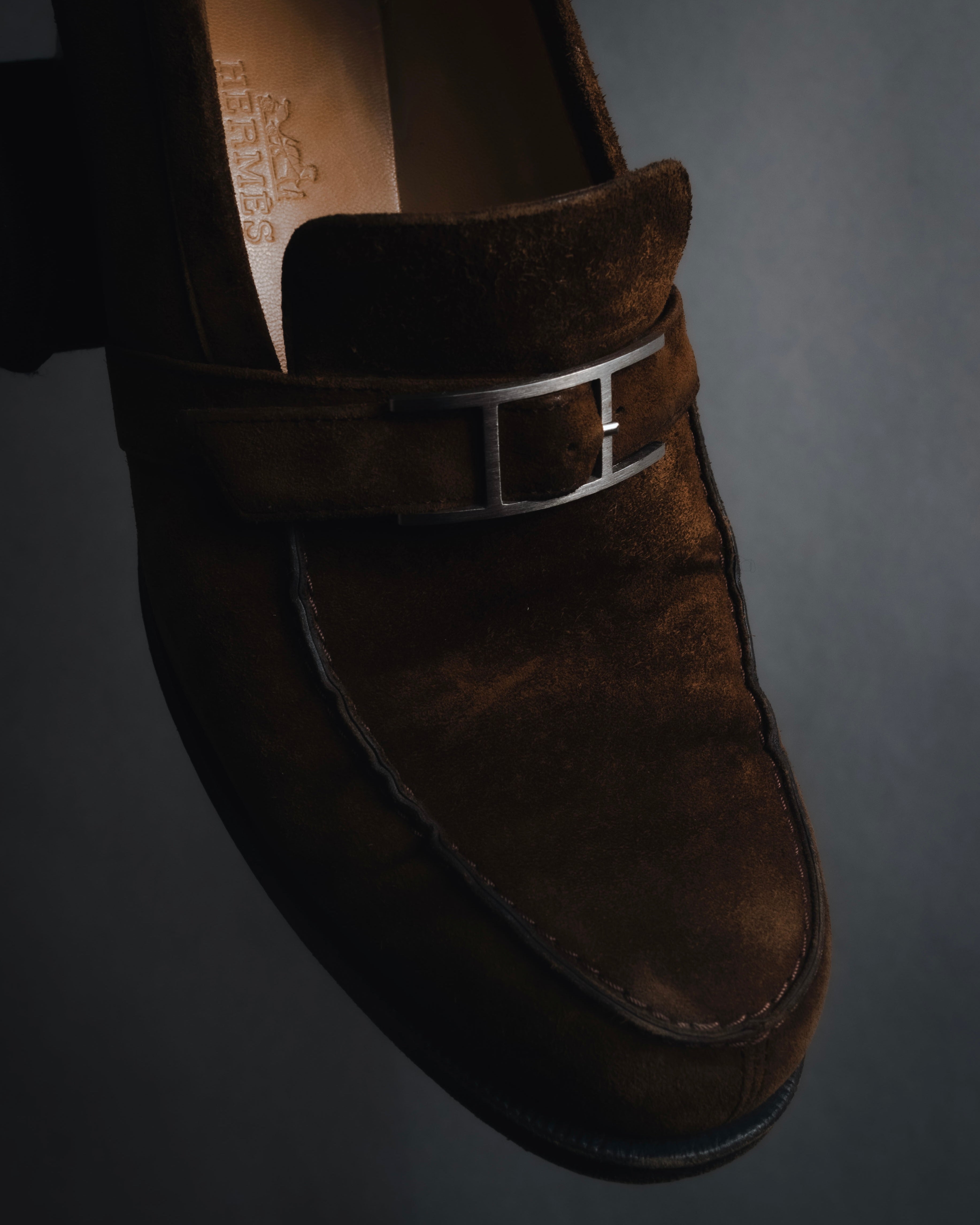 "HERMES" 00’s suede h buckle heeled loafers