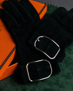 "HERMES" Silver buckle design suede leather gloves