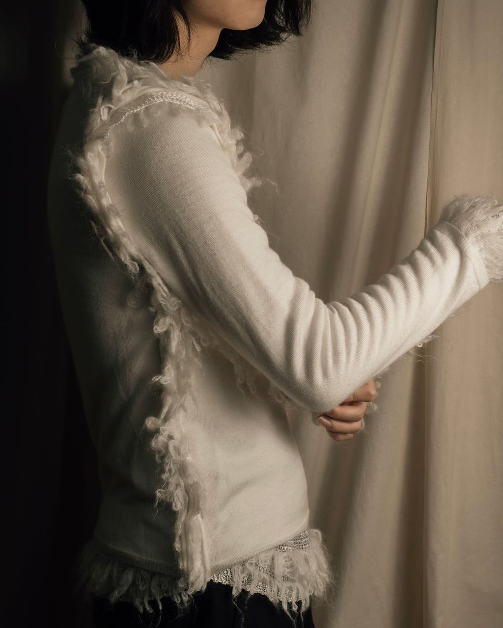 "COMME des GARCONS" 18AW layered mesh design fringe thick knit