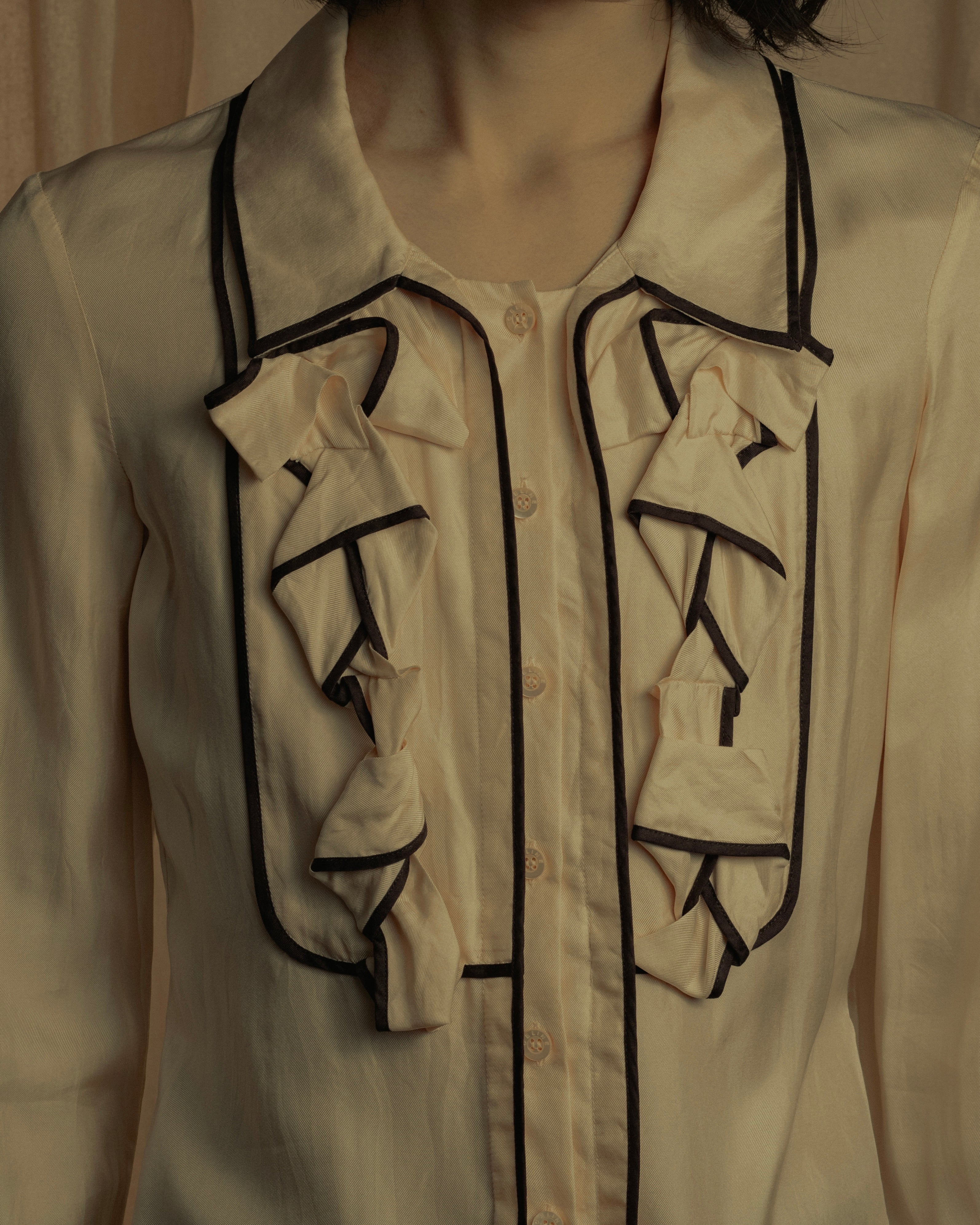 "CELINE" 00’s Piped ruffle silk blouse