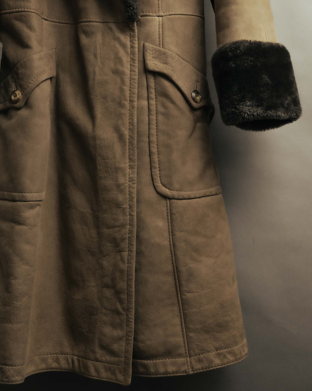 “LOEWE” 70’s-early 90’s Suede shearling belted long coat
