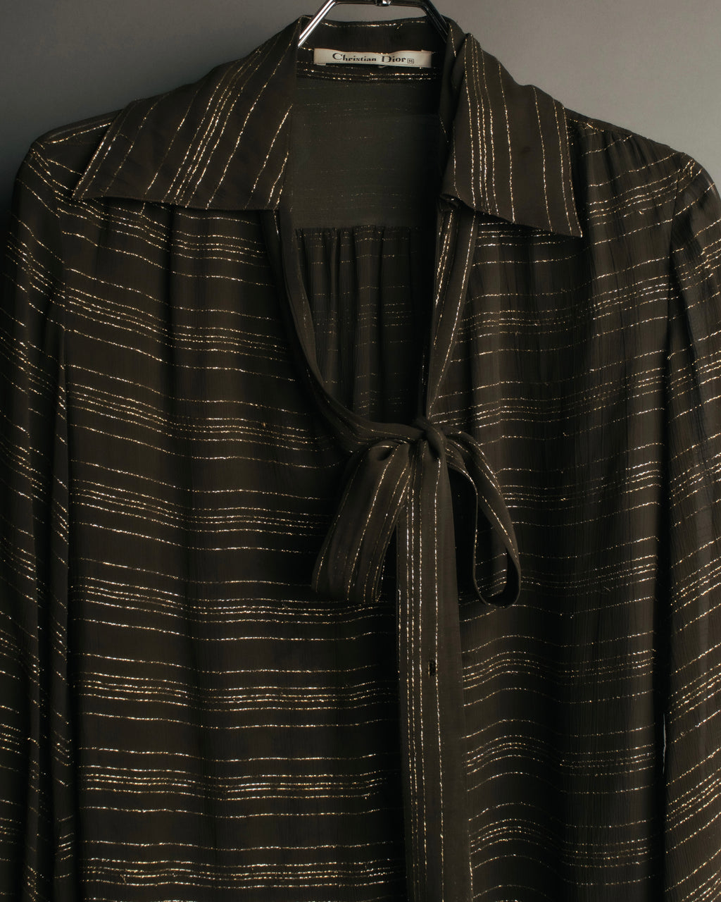 "Christian Dior" 80's-90's Lurex striped pussy-bow sheer blouse