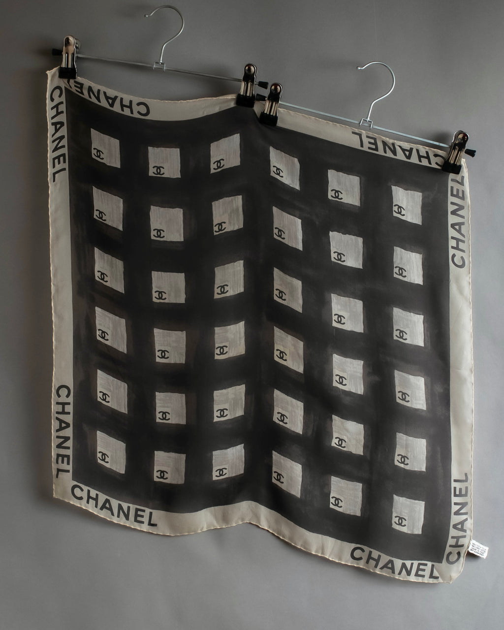 "CHANEL" Coco mark grid pattern silk scarf