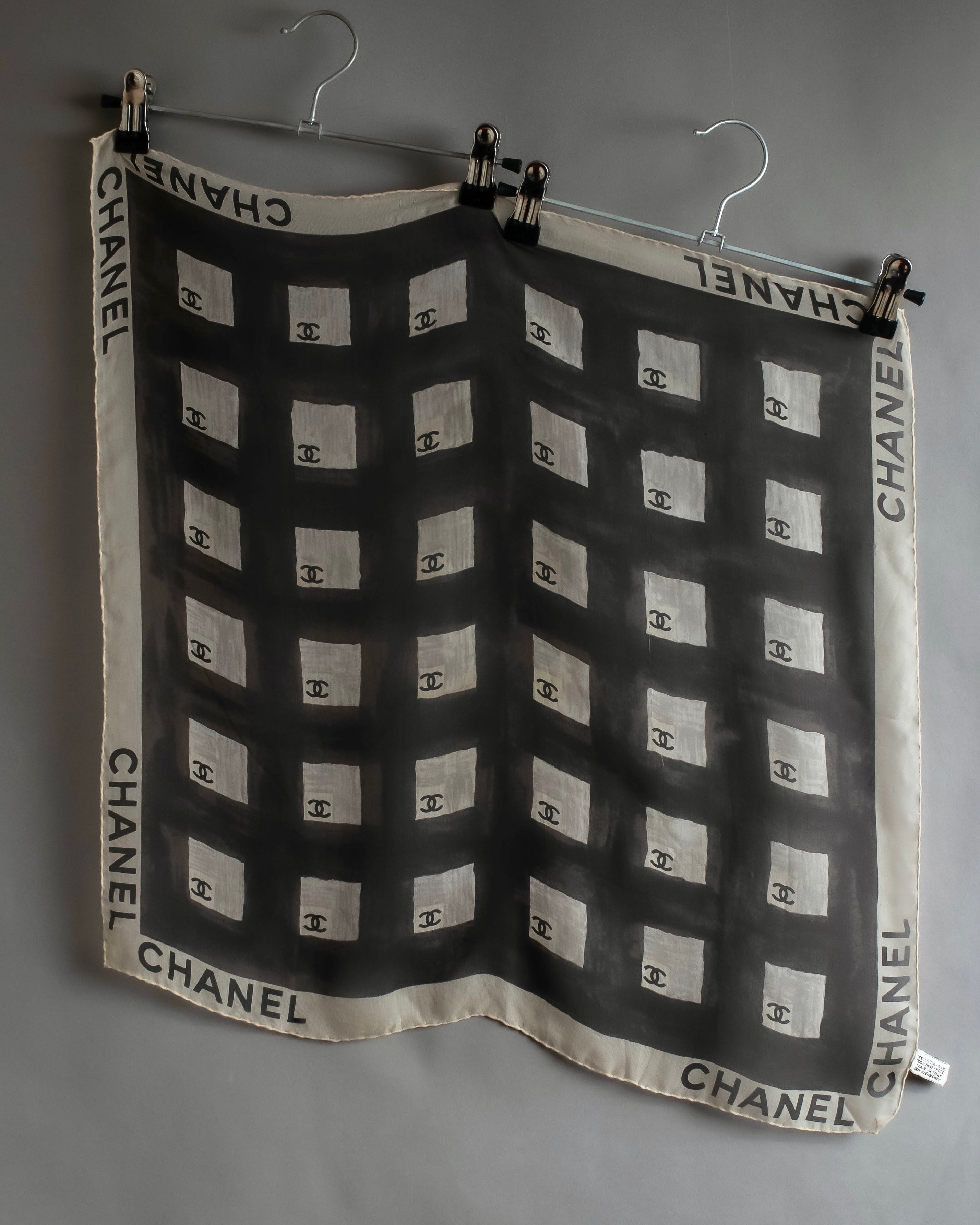 "CHANEL" Coco mark grid pattern silk scarf