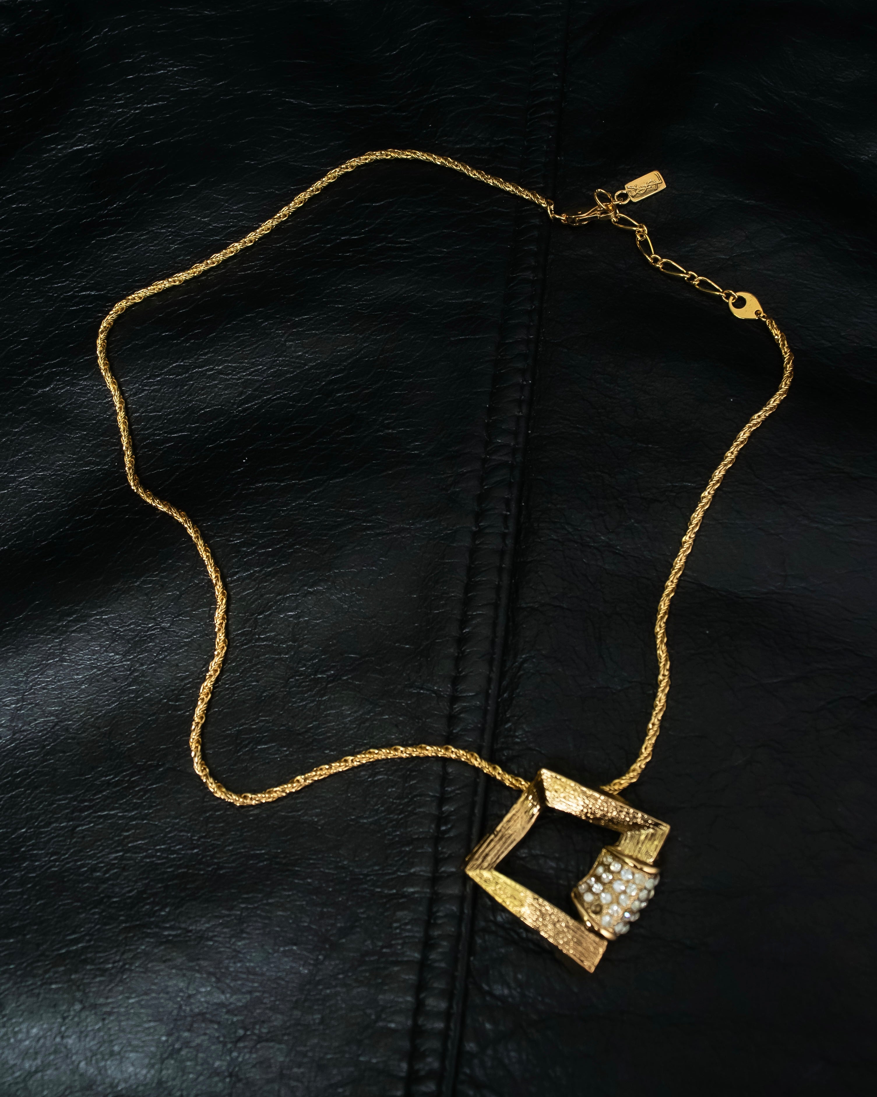 "YVES SAINT LAURENT" rhinestone motif gold necklace