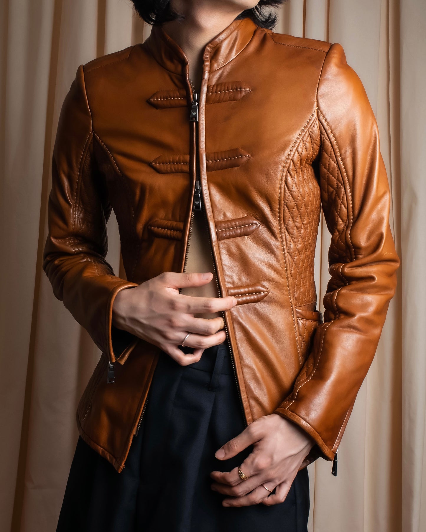 "EMPORIO ARMANI"  Quilted design brown color leather jacket