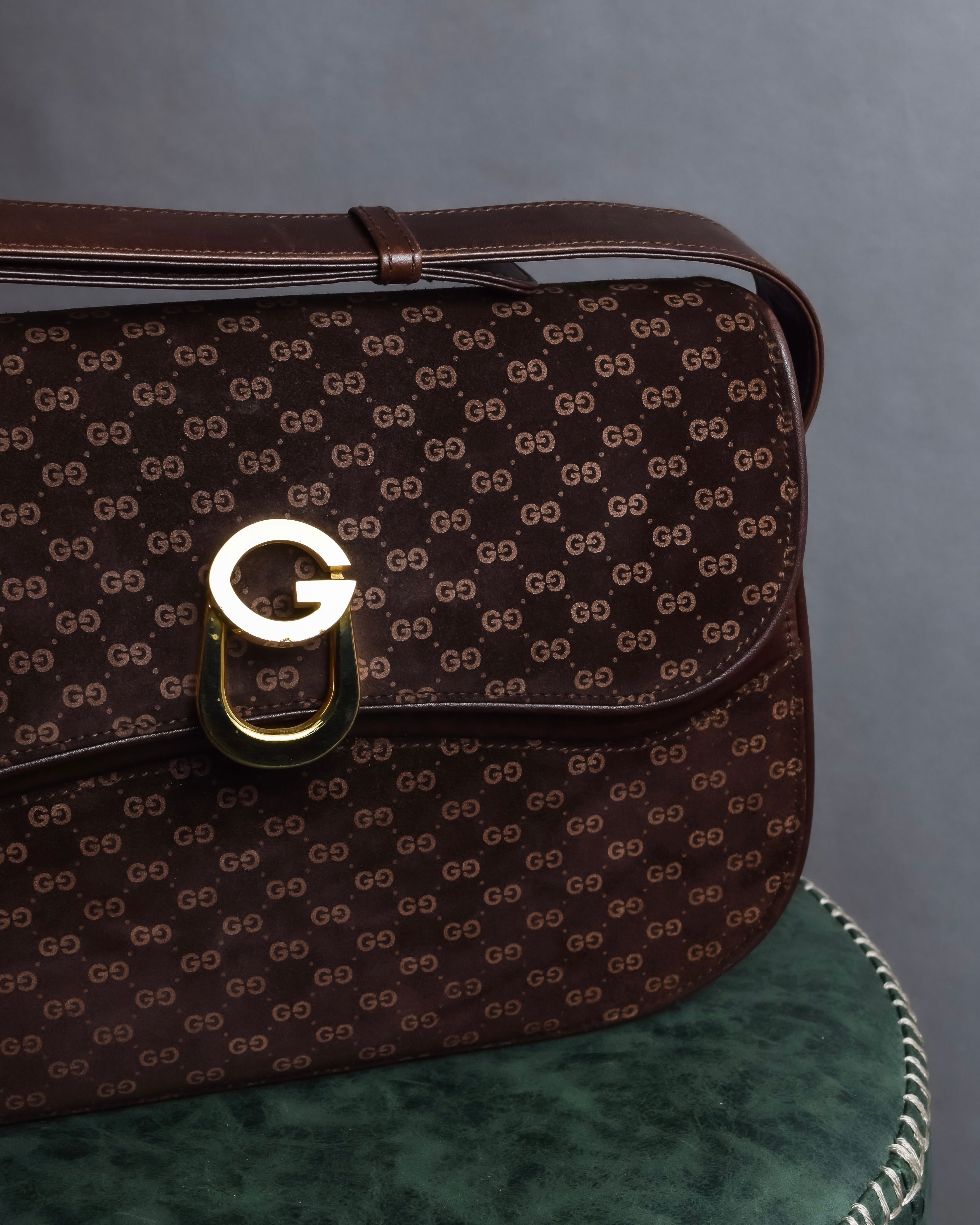 "GUCCI" 70's Embossed suede flap shoulder bag