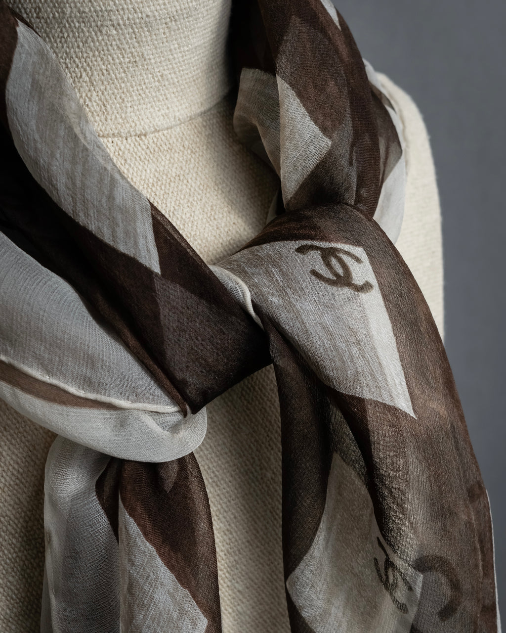 "CHANEL" 90's Square icon logo pattern sheer silk scarf