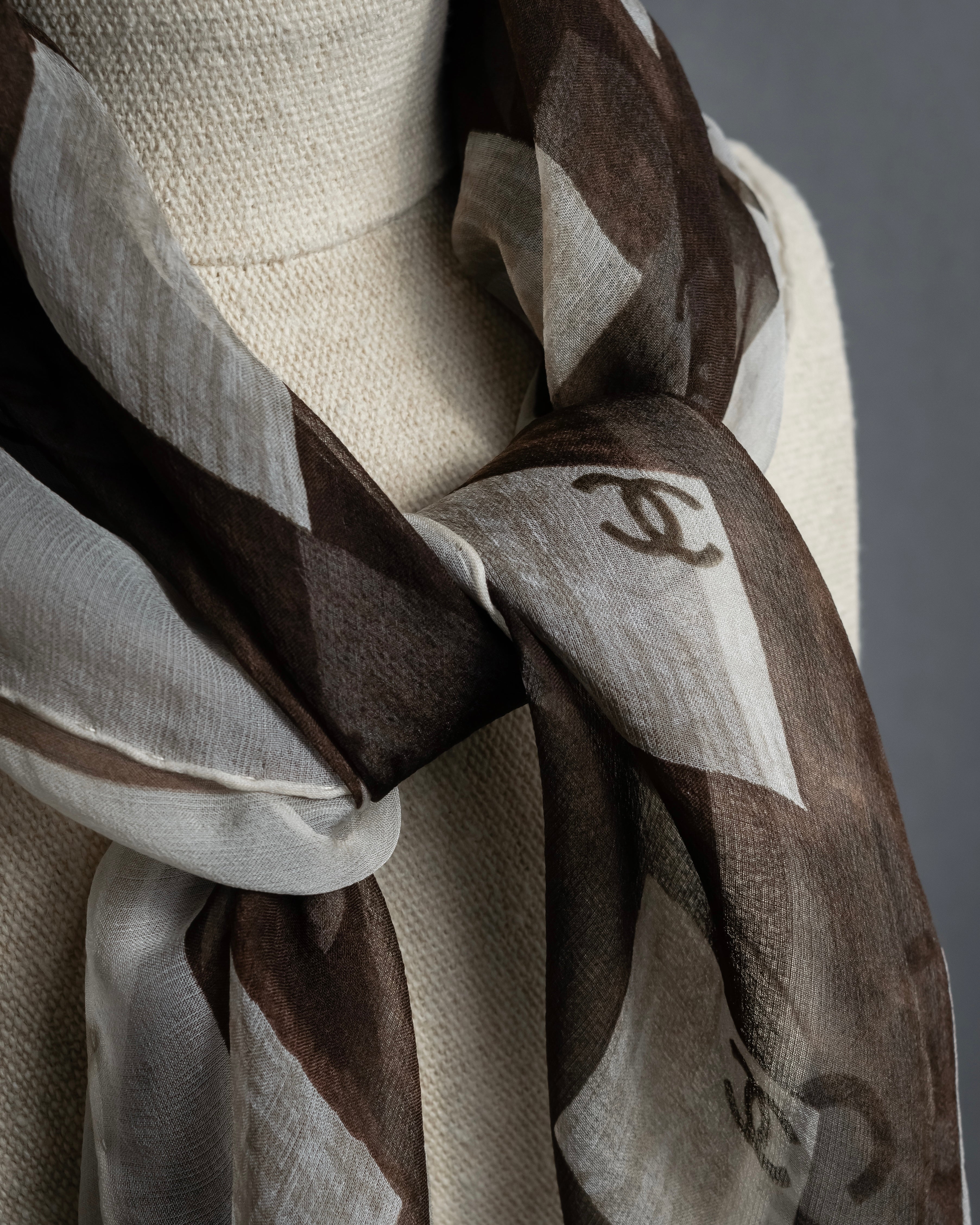 "CHANEL" 90's Square icon logo pattern sheer silk scarf