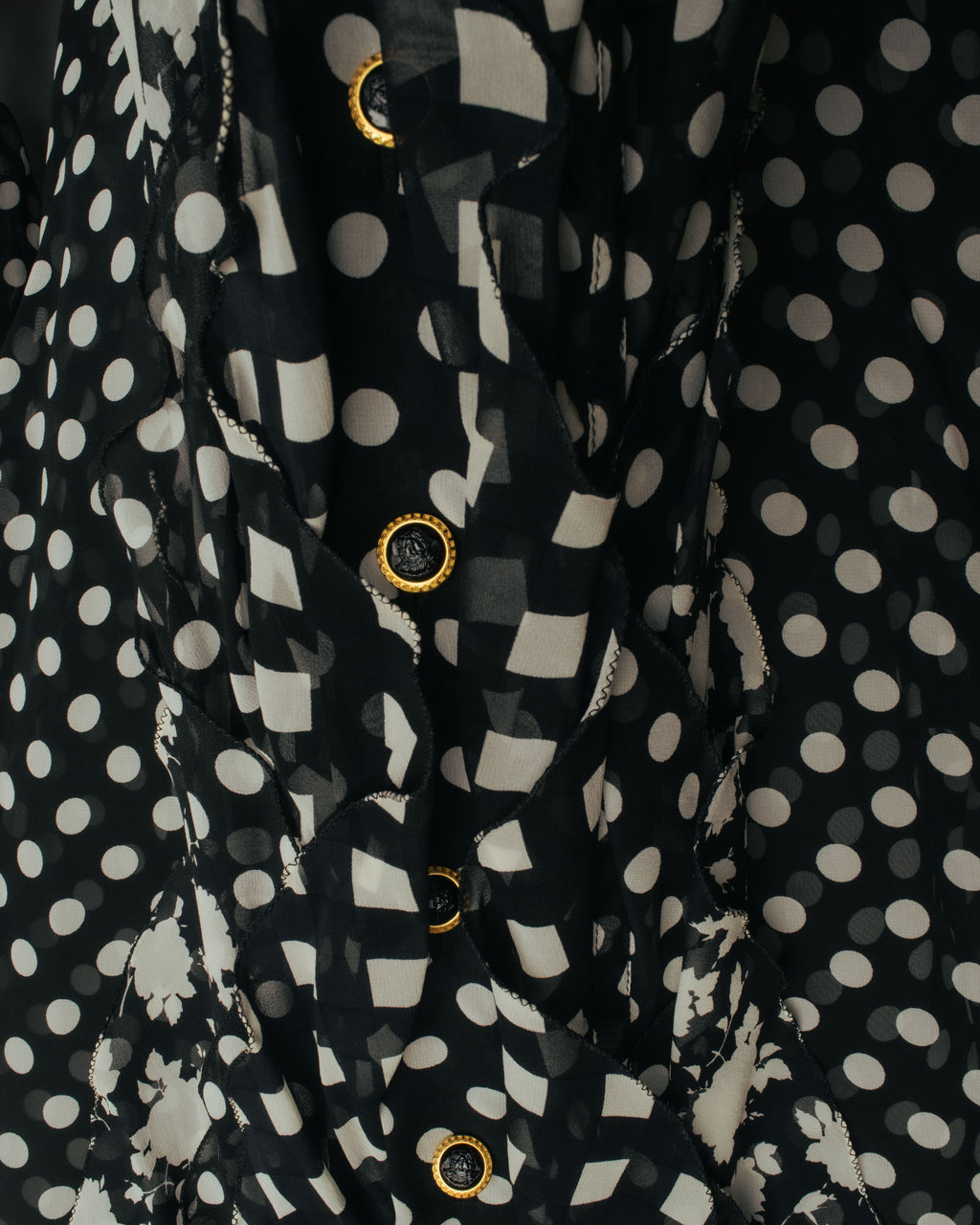 “GIANNI VERSACE COUTURE” 90’s Sheer mixed pattern ruffle blouse