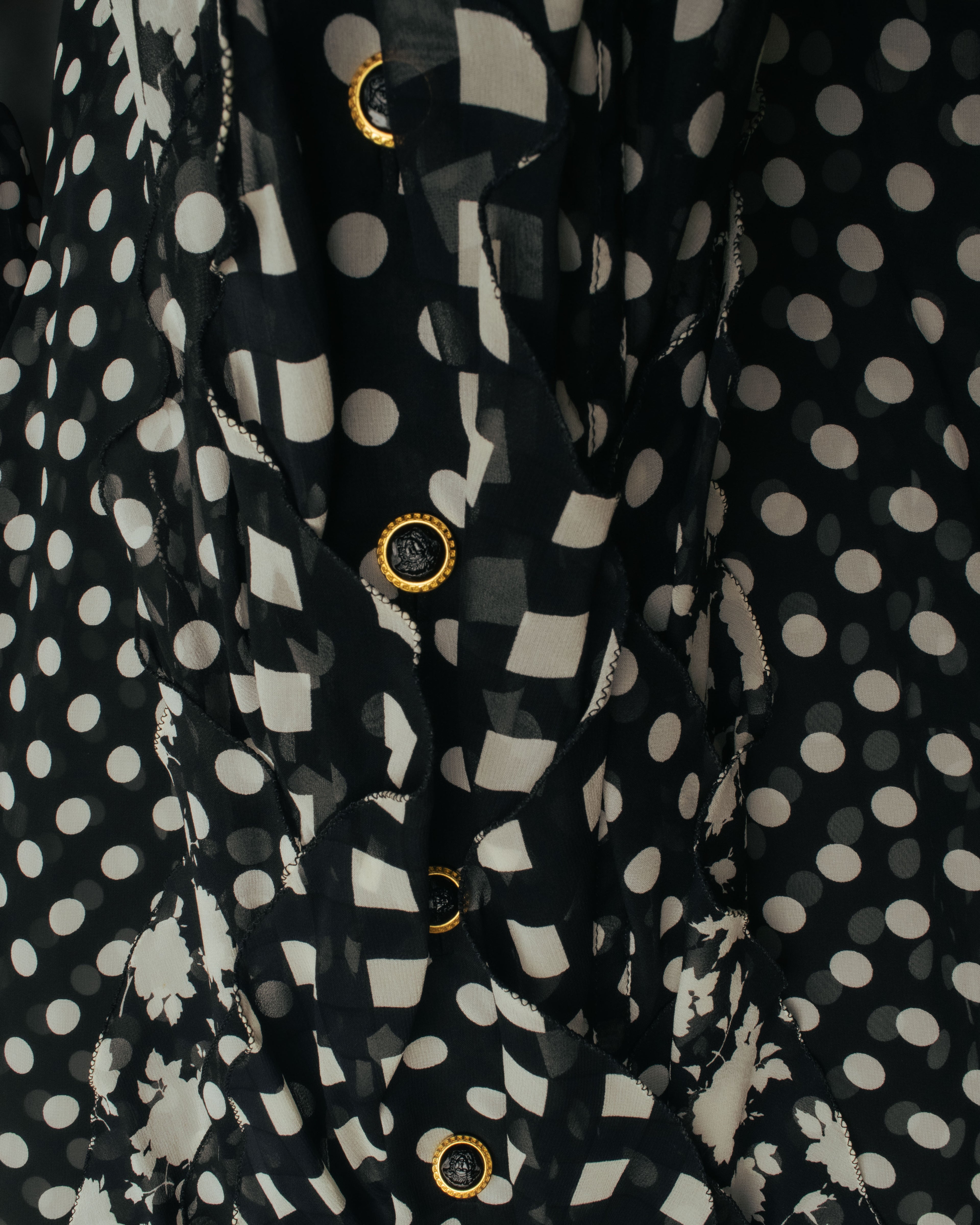“GIANNI VERSACE COUTURE” 90’s Sheer mixed pattern ruffle blouse