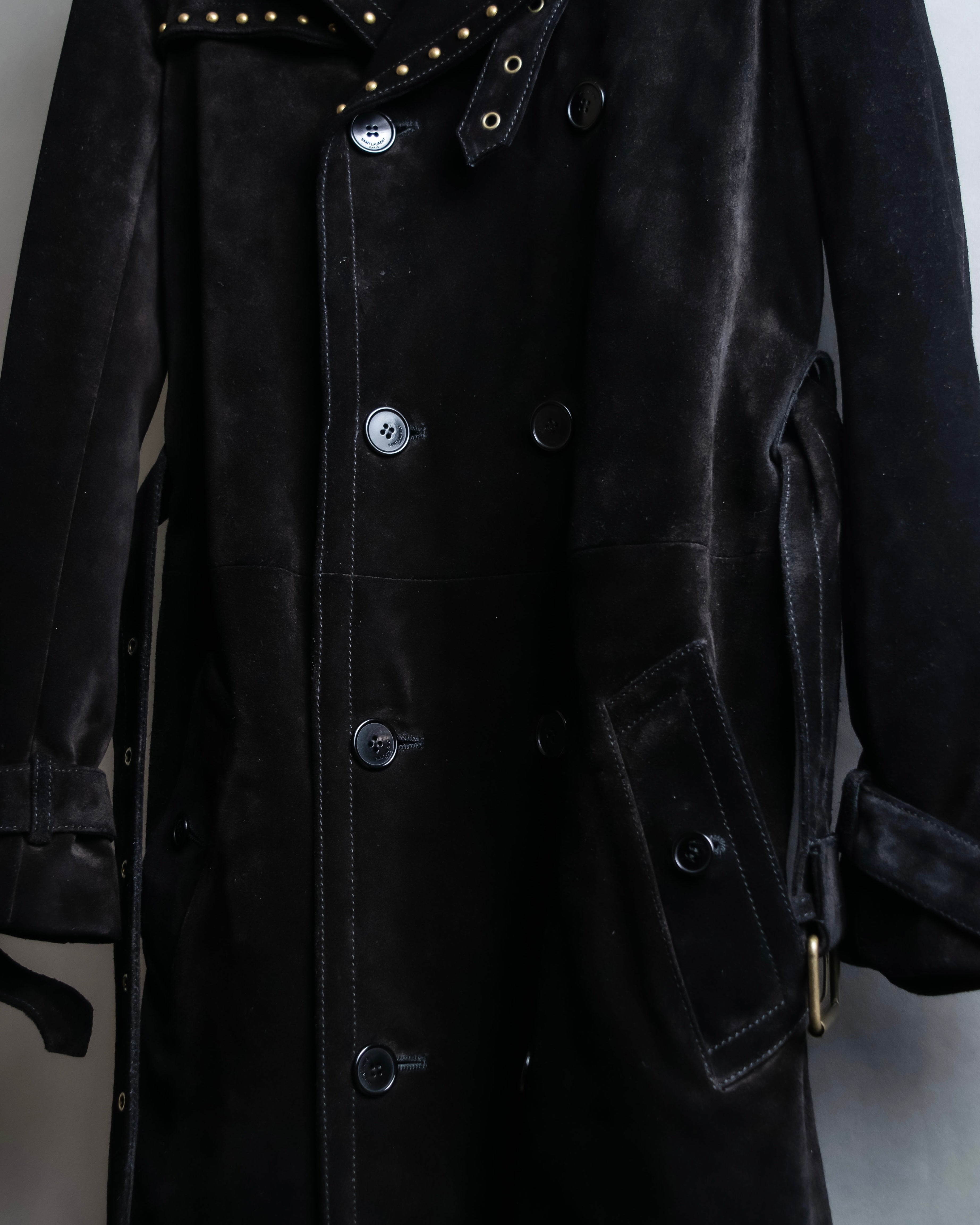 "Saint Laurent" 19AW gold studs design suede long coat