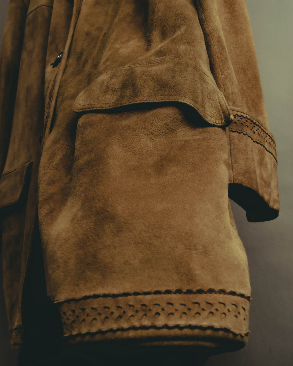 -SPECIAL- “LOEWE” 70’s-80’s Perforated trim suede long jacket