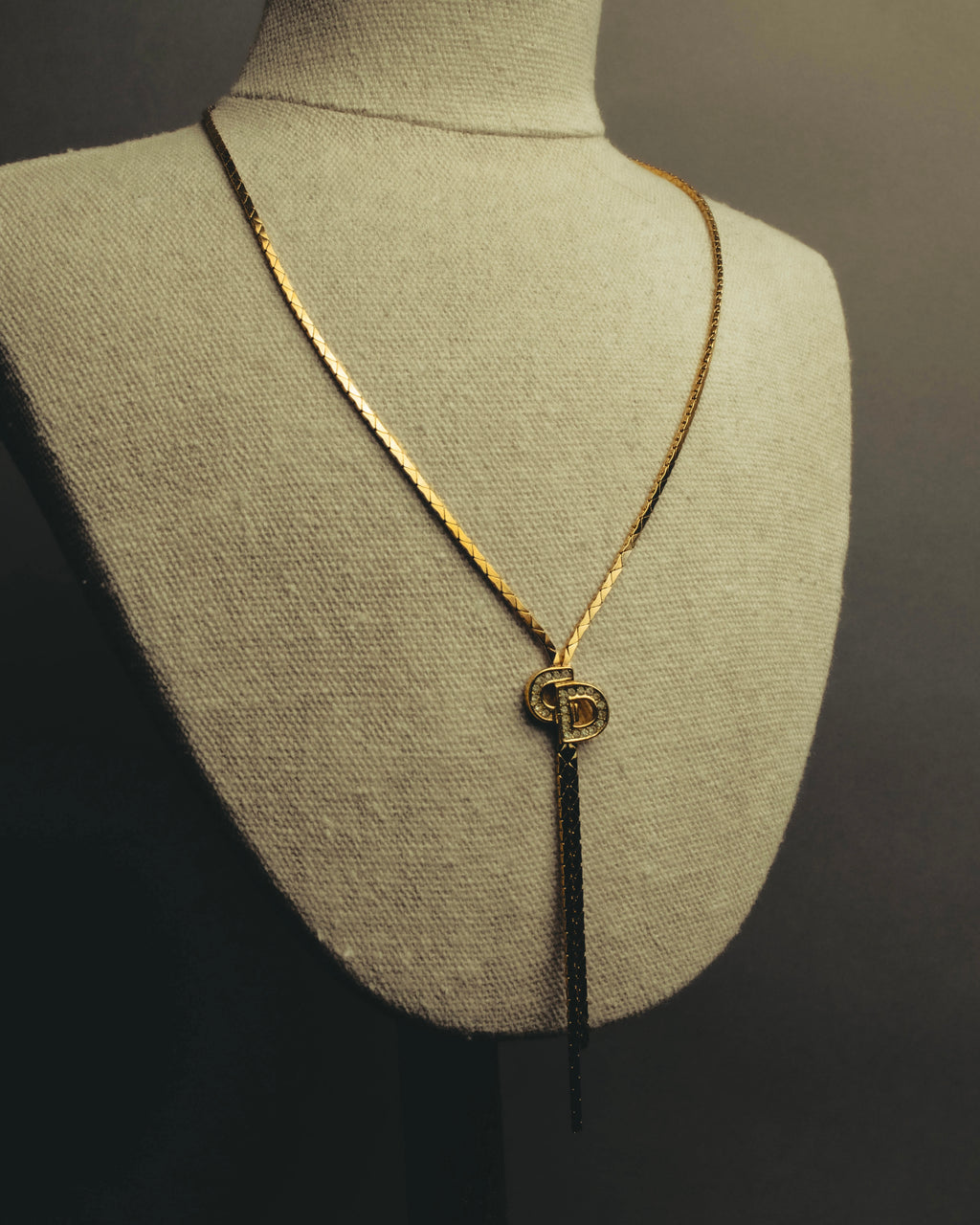 "Christian Dior" 80's-90's Gold tone rhinestone cd lariat necklace