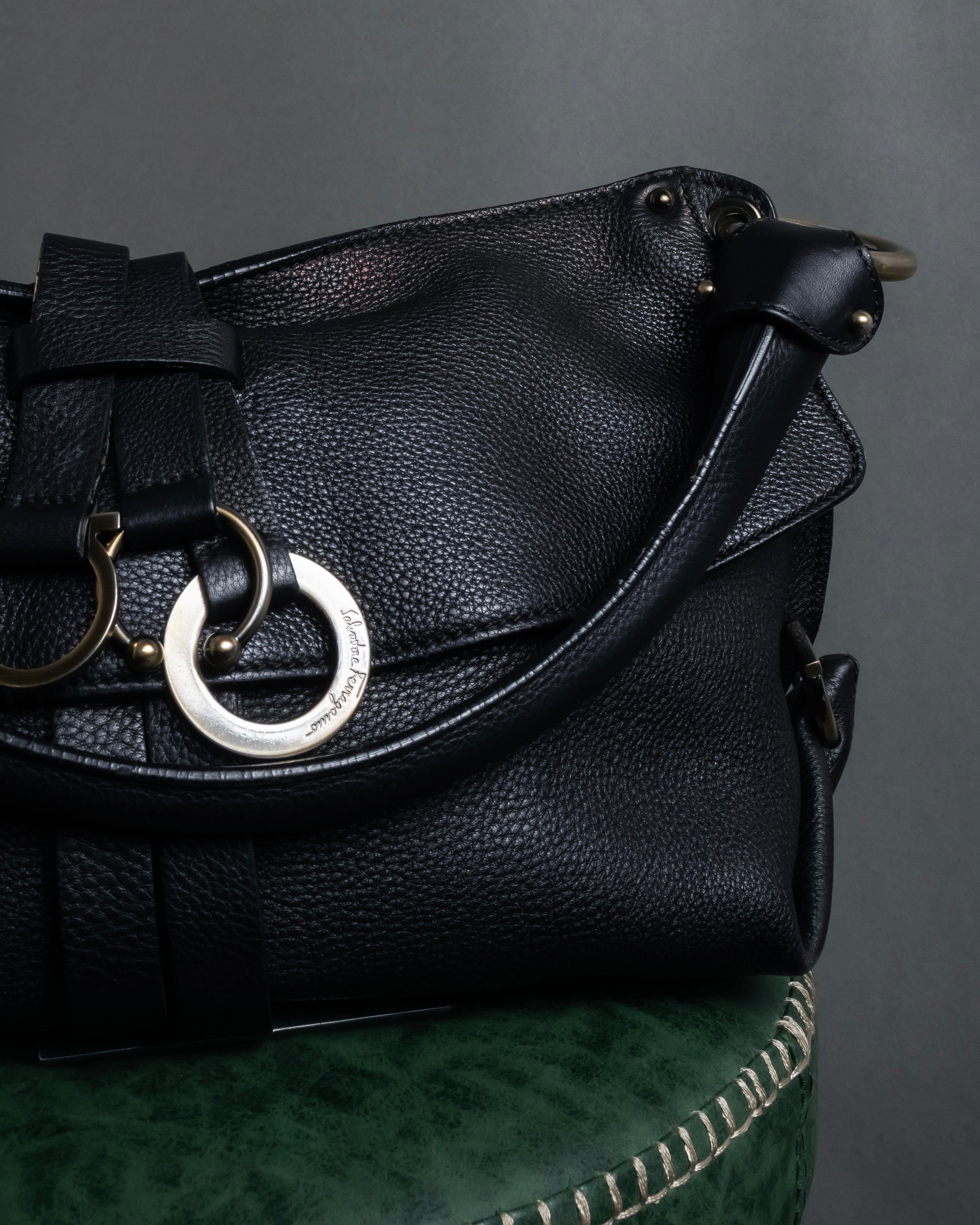 "Salvatore Ferragamo" Gancini reconstructed design shrink leather bag