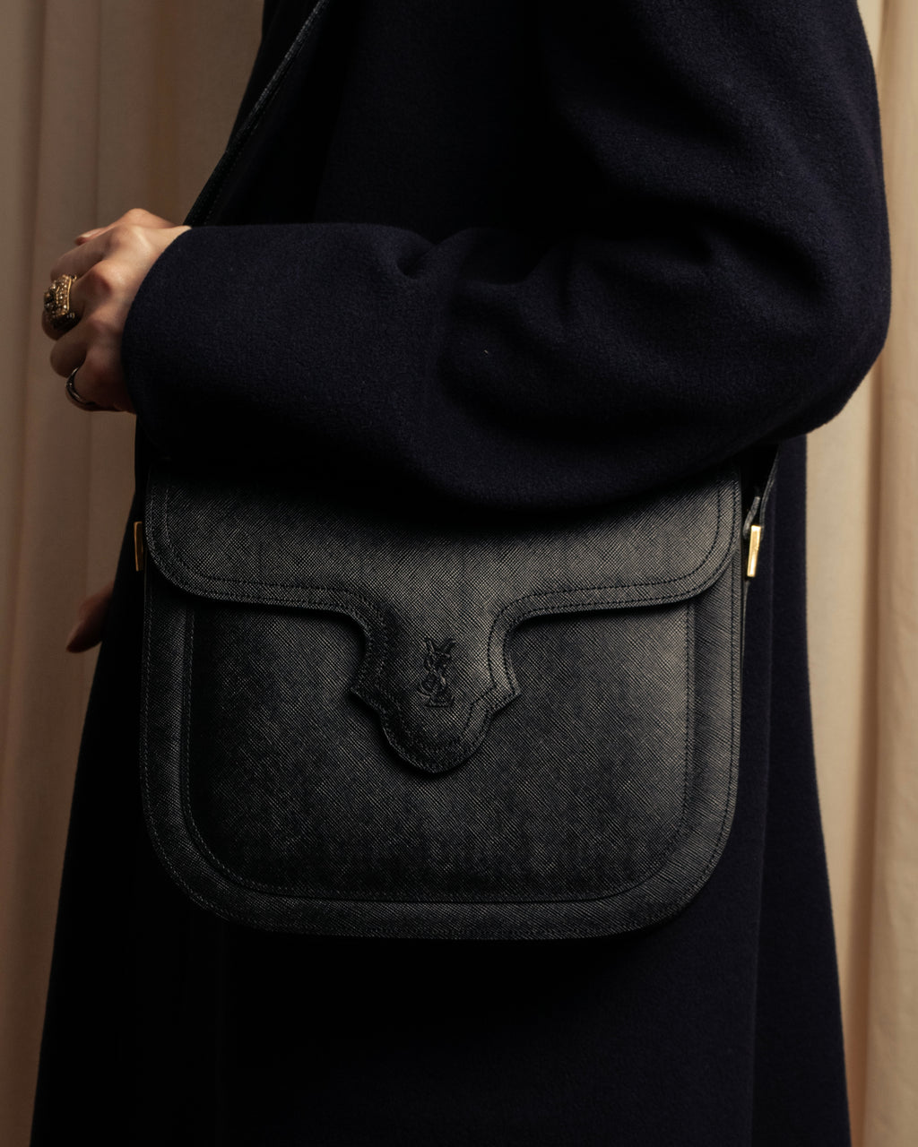 "YVES SAINT LAURENT" Cassandra logo engraved flap design leather bag