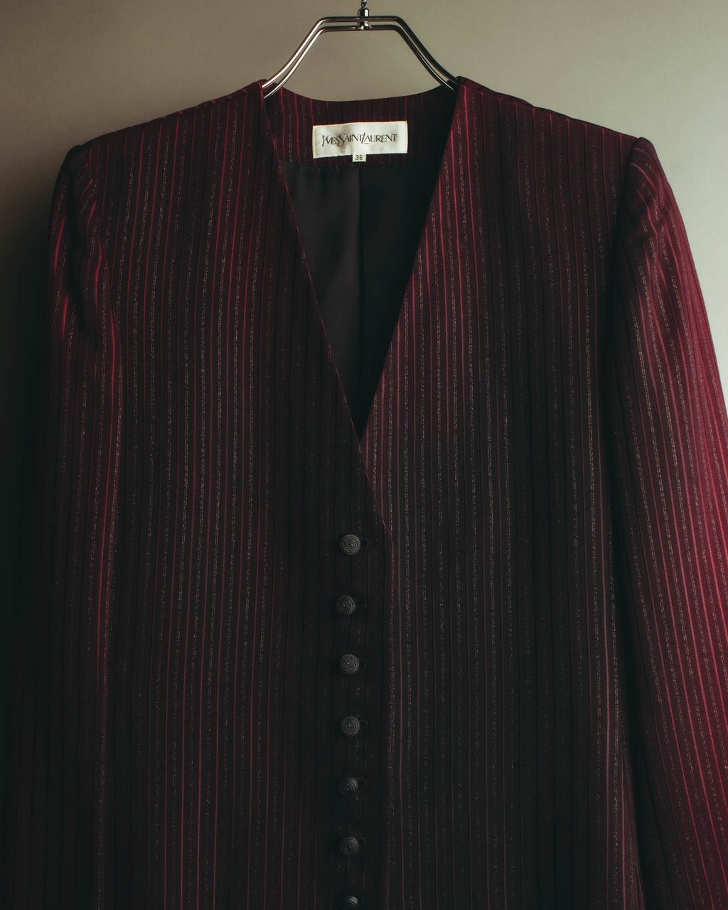 -SPECIAL- “Yves Saint Laurent“ 80's-90's Swiss fabric lurex stripe collarless long jacket