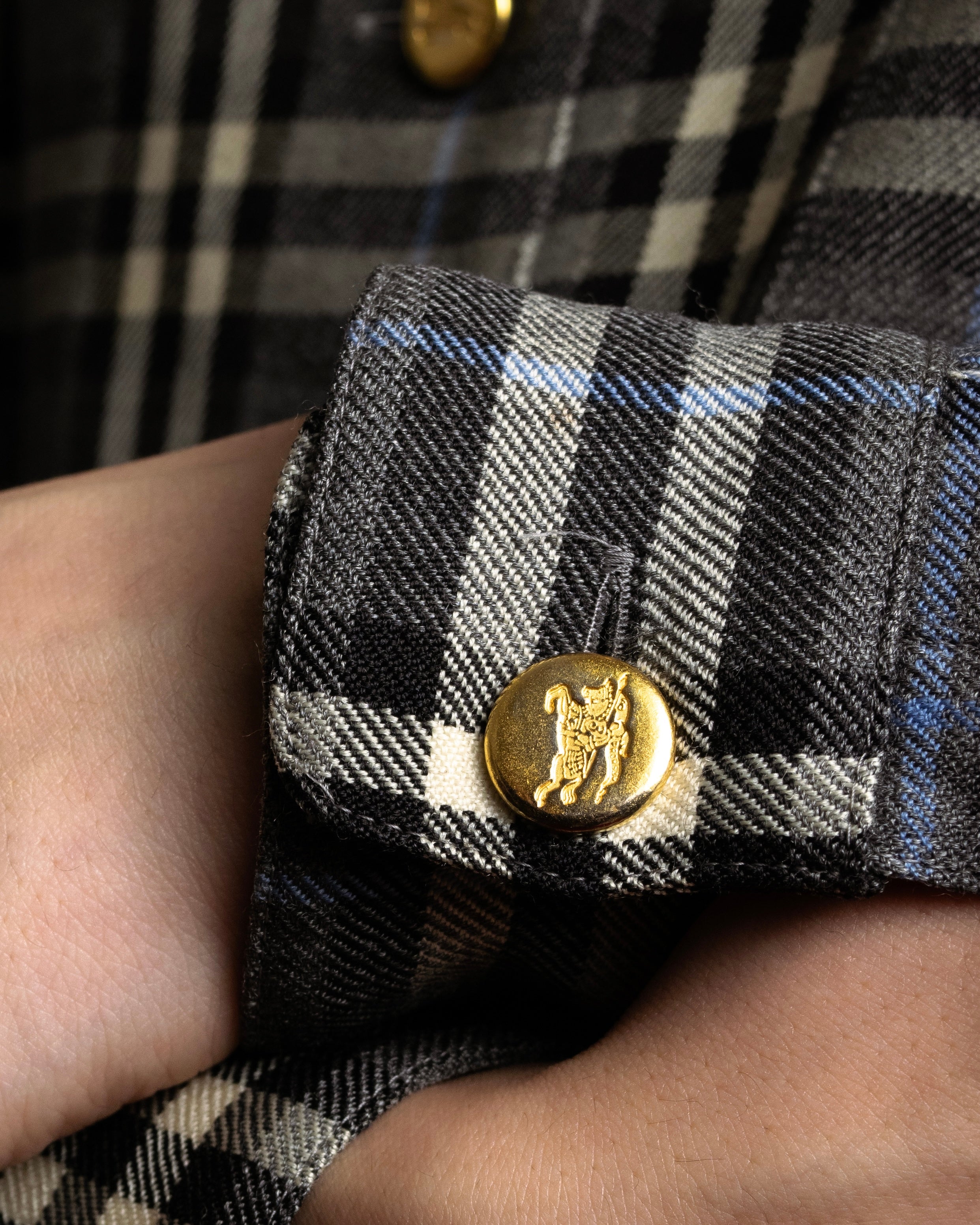 "BURBERRYS" Gold metal button design check pattern wool shirt