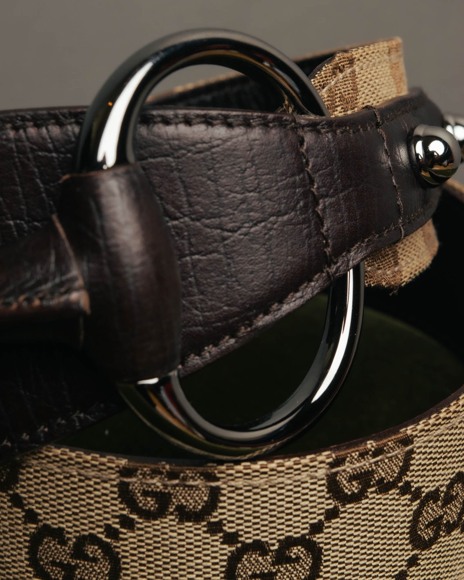 "GUCCI" 00's Large horsebit GG canvas wide waist belt