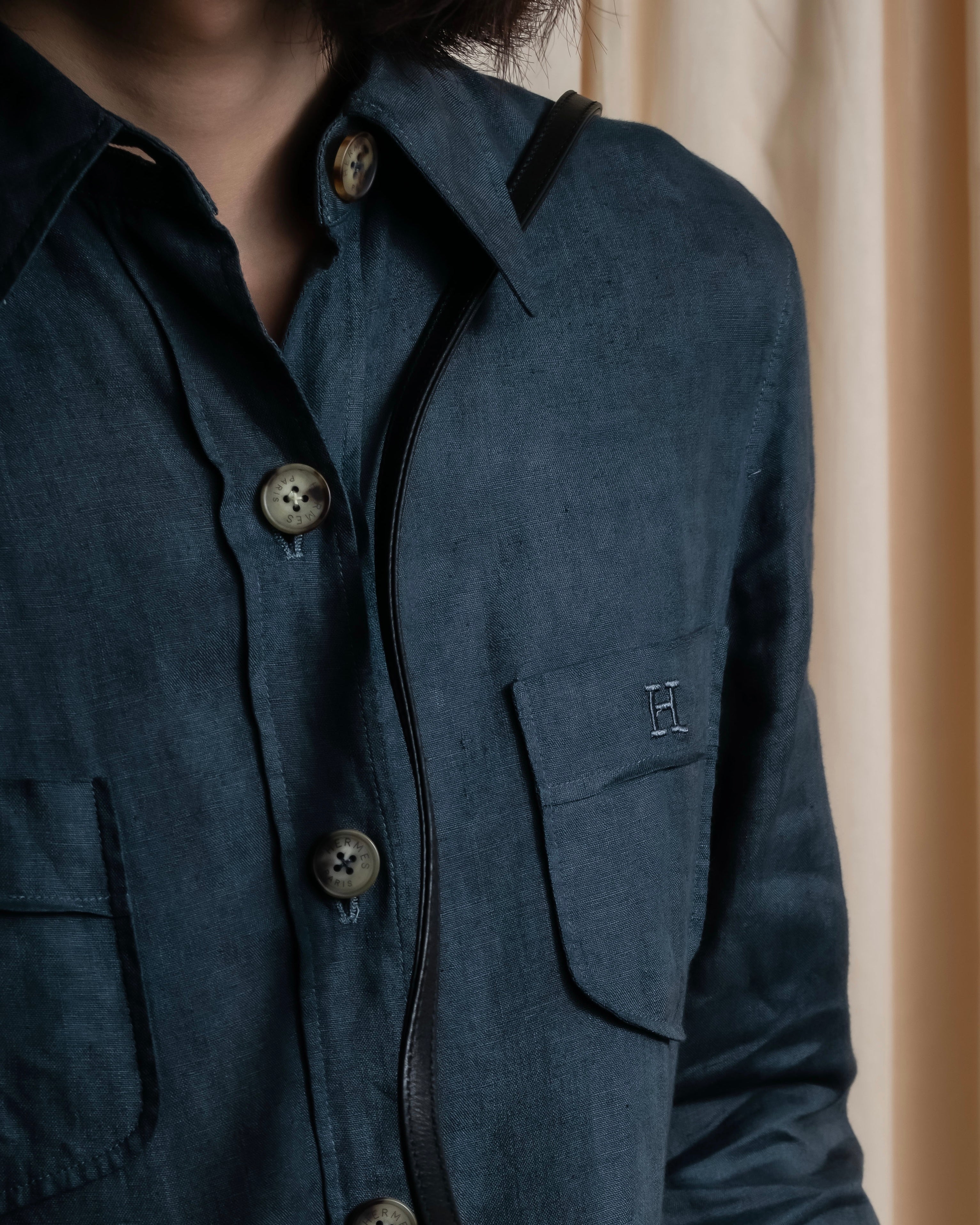 "HERMES" 90's Military detail linen long shirt dress