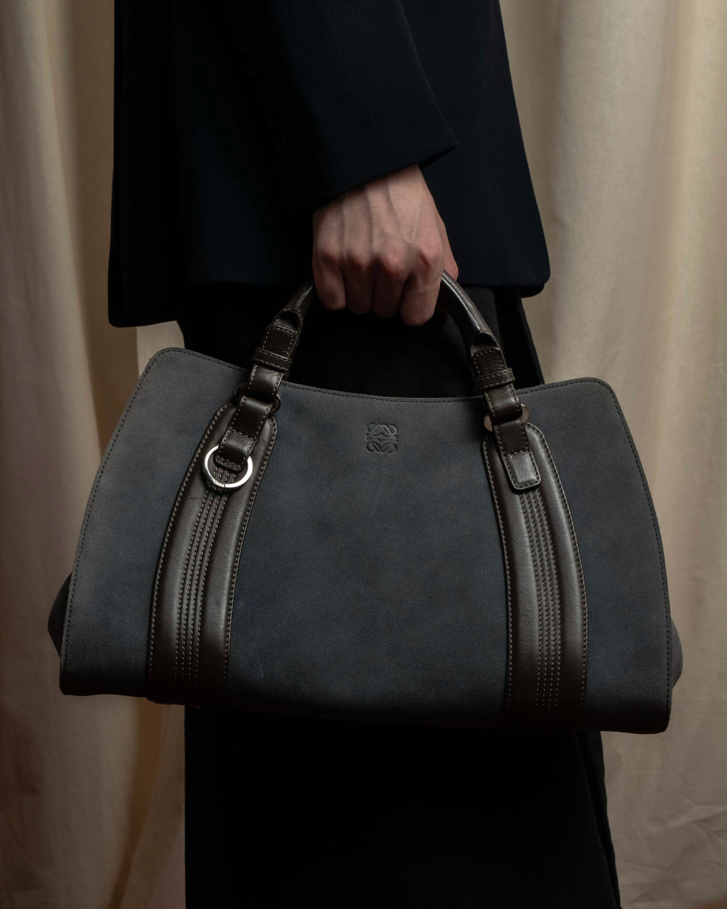 "LOEWE" Harness design logo engraved suede leather hand bag