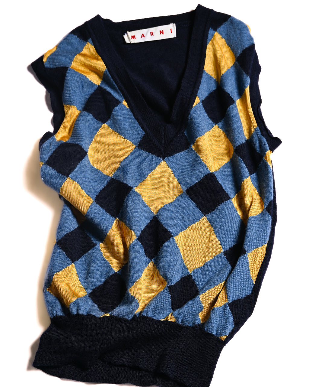 MARNI/ Argyle Pattern Knit Vest Blue×Yellow