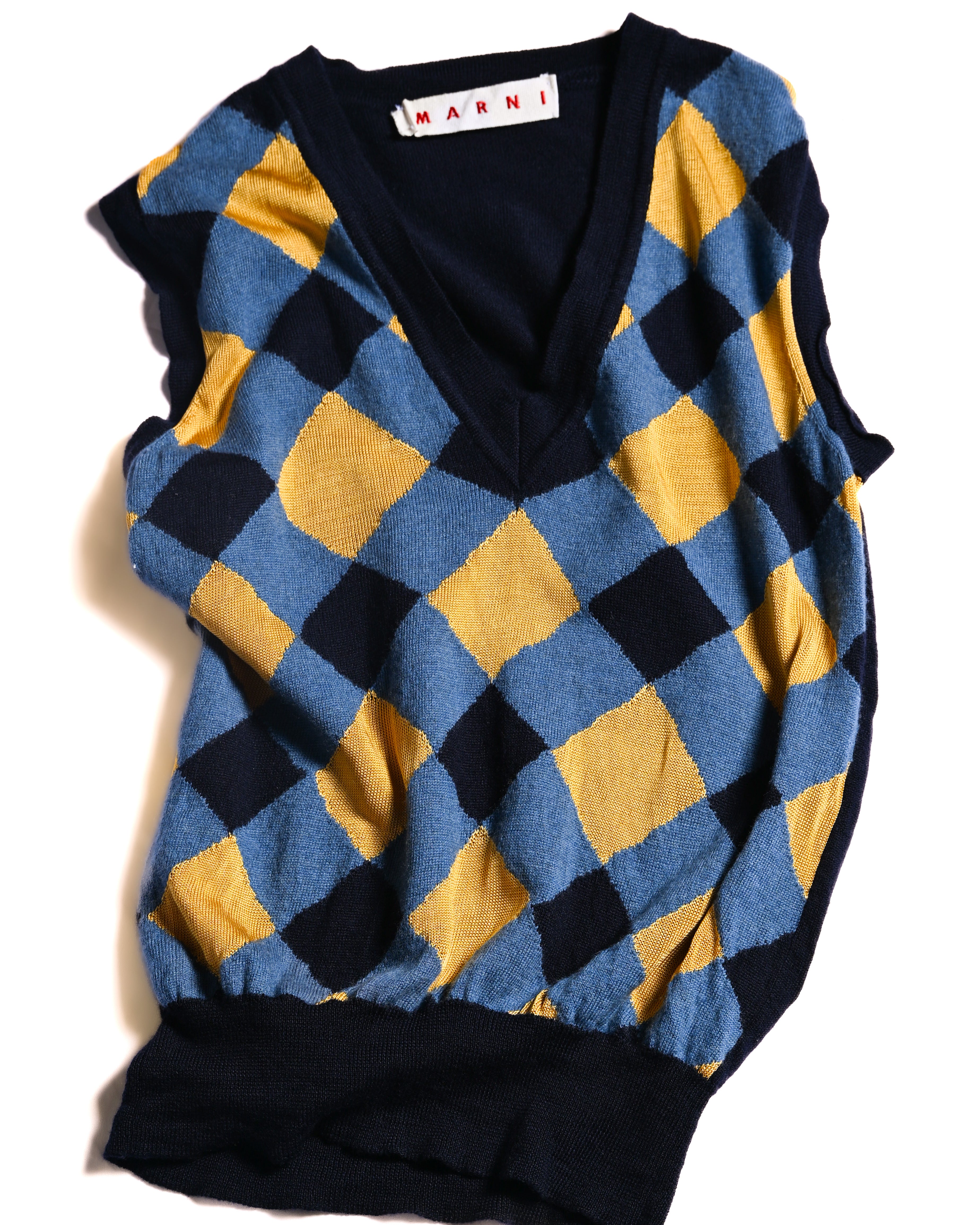 MARNI/ Argyle Pattern Knit Vest Blue×Yellow