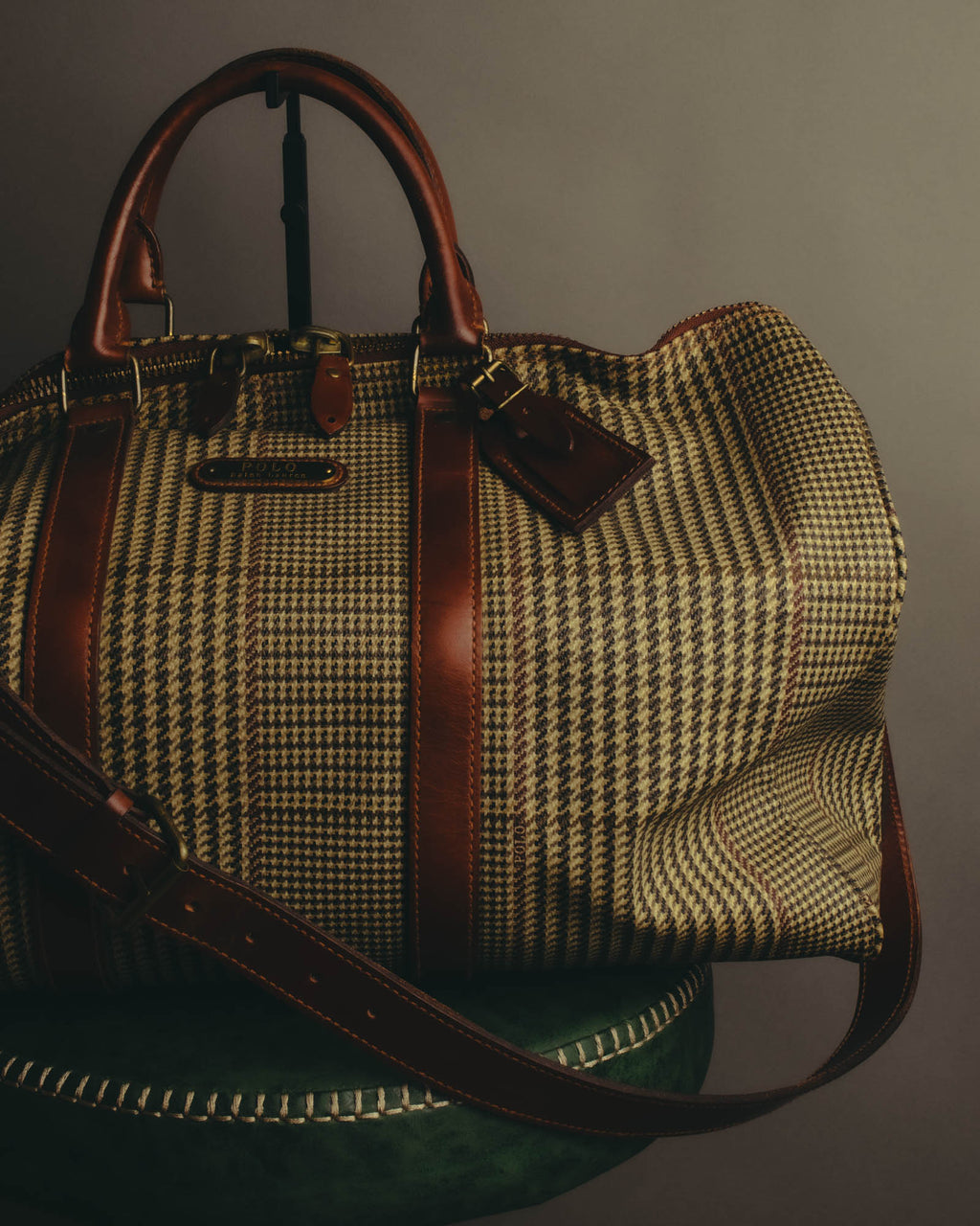 "Polo Ralph Lauren" 80's-90's Houndstooth leather trim travel bag