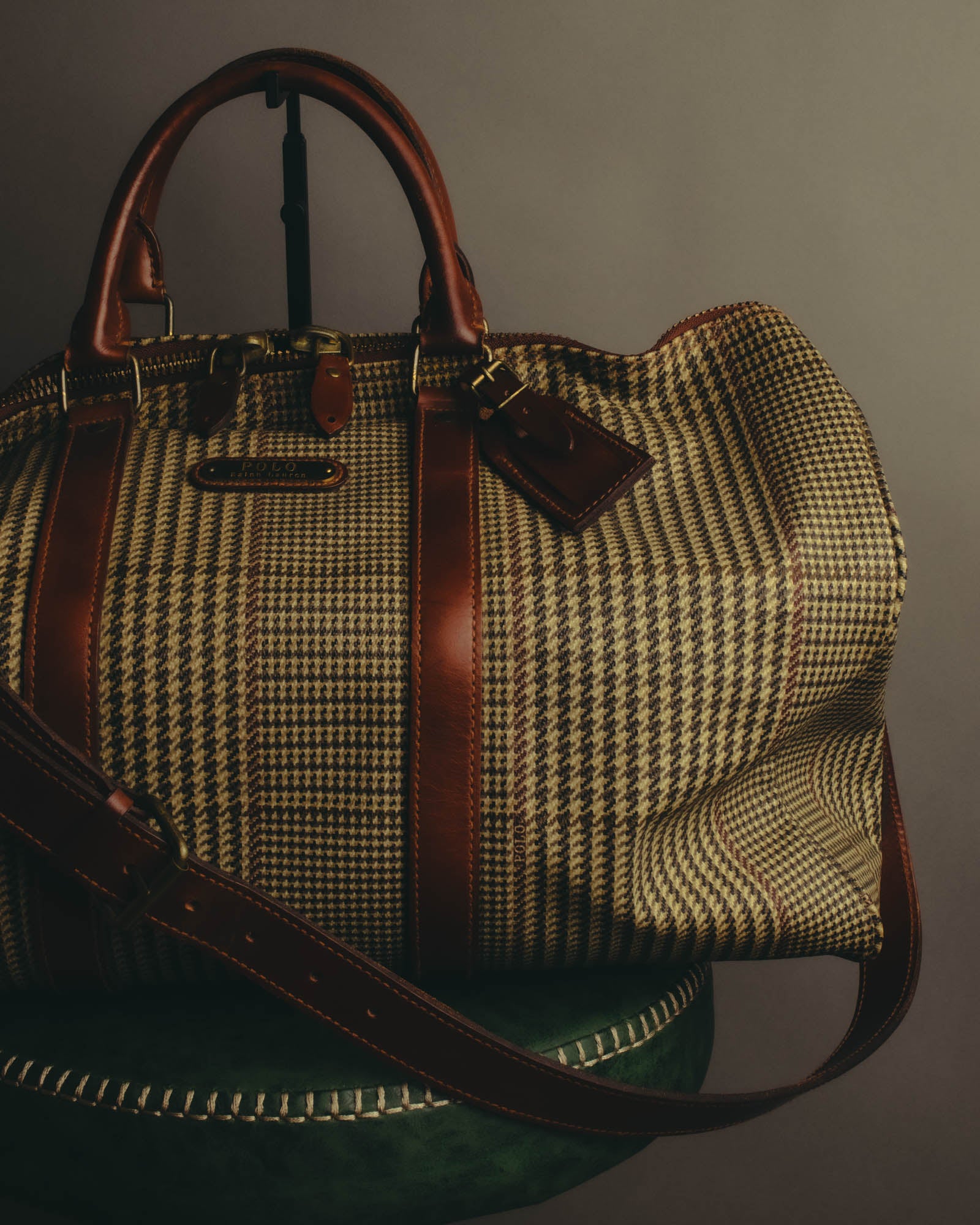"Polo Ralph Lauren" 80's-90's Houndstooth leather trim travel bag