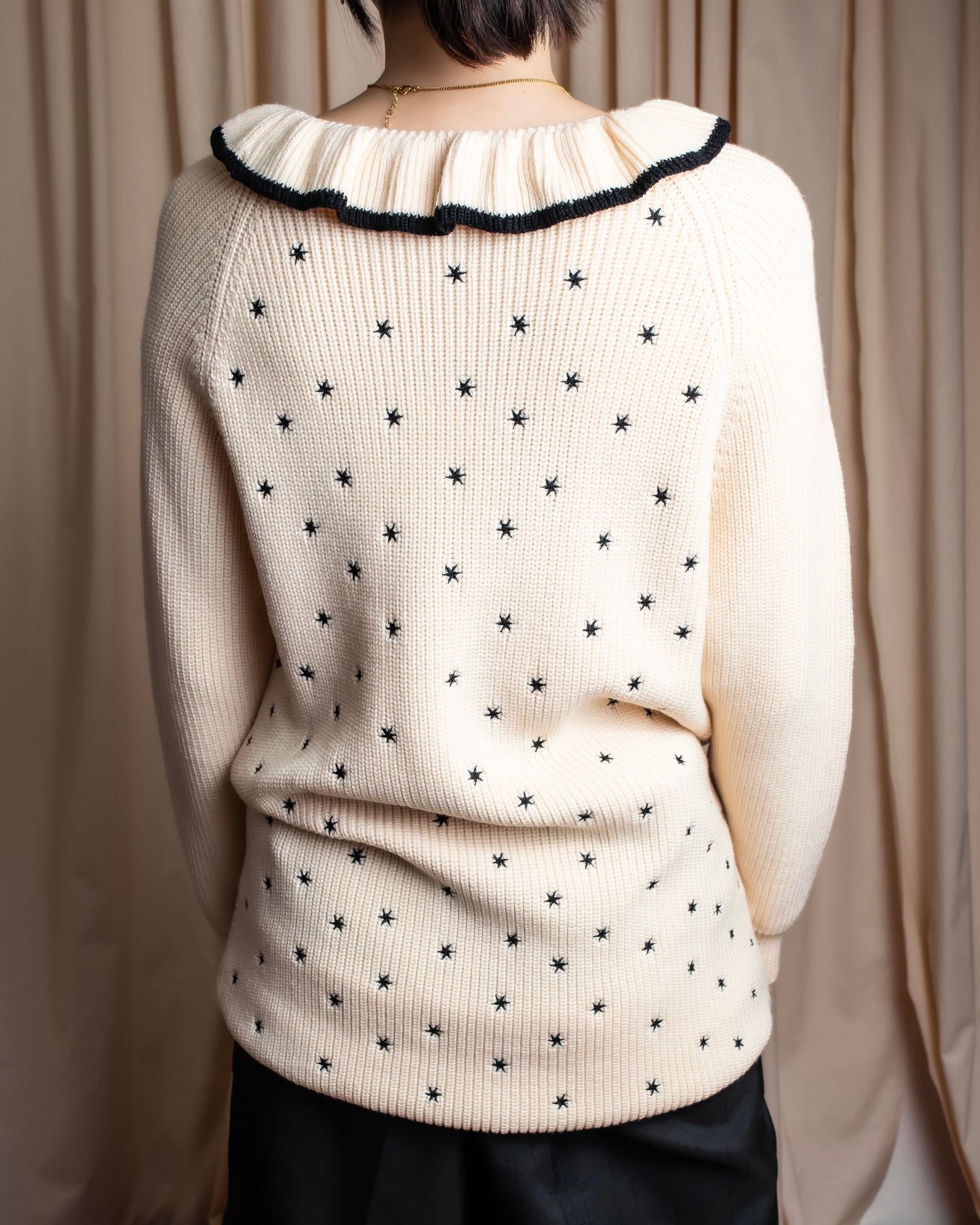 "Christian Dior" Star print frill detail cable knit tunic pullover