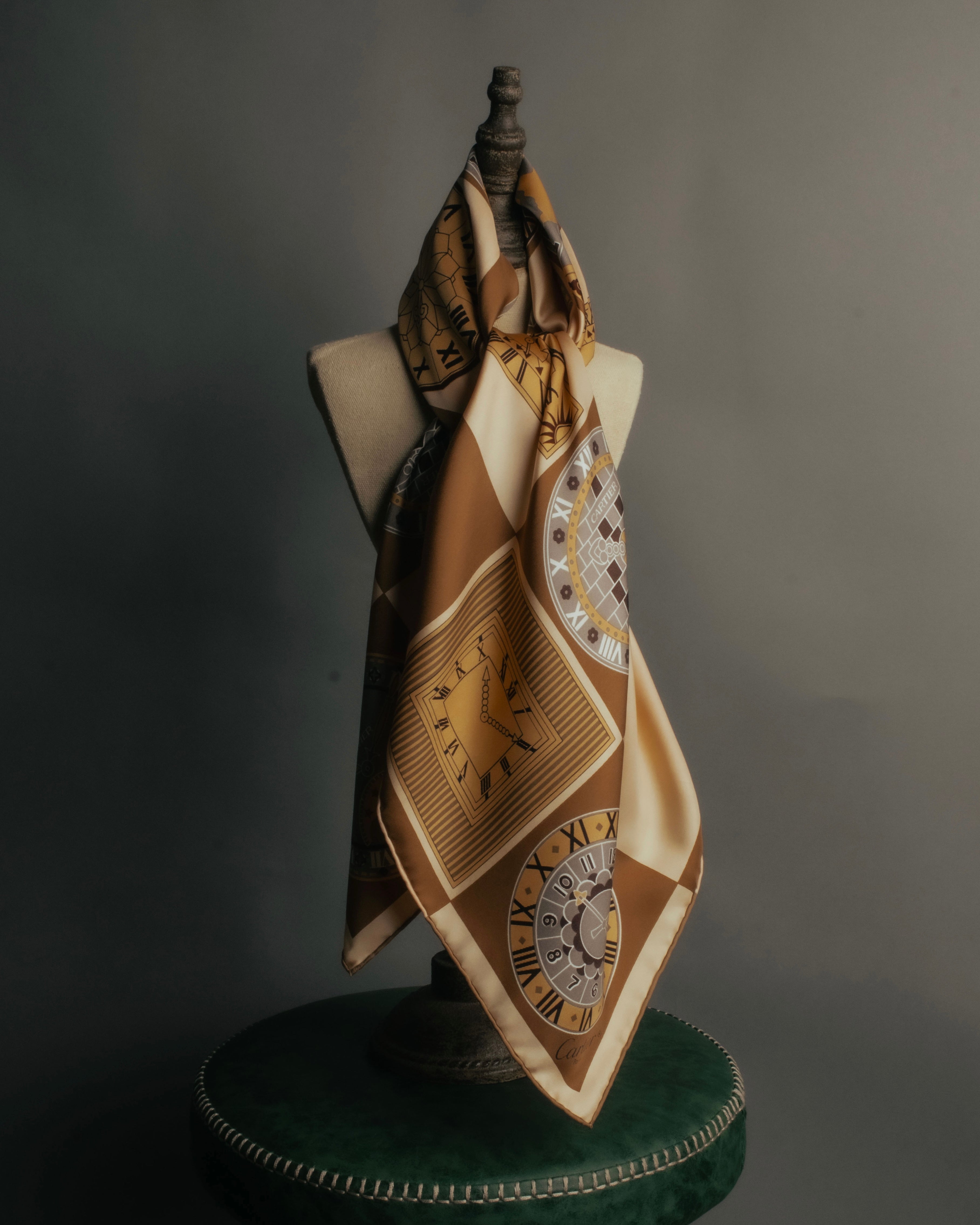 “Cartier“ 80’s-90’s Timepiece motif silk scarf