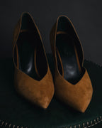 "HERMES" 00’s-10’s Suede V-cut  sculptural wood heel pumps