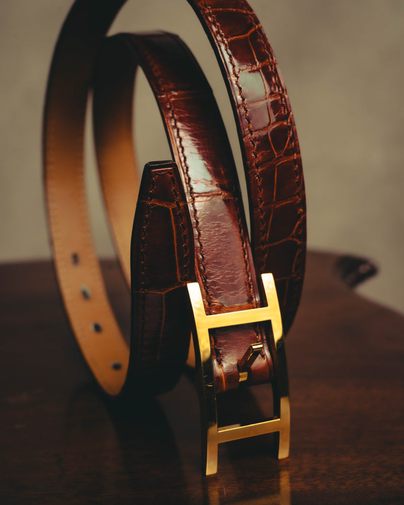 "Hermès" 90's-00's Glossy alligator H-buckle belt