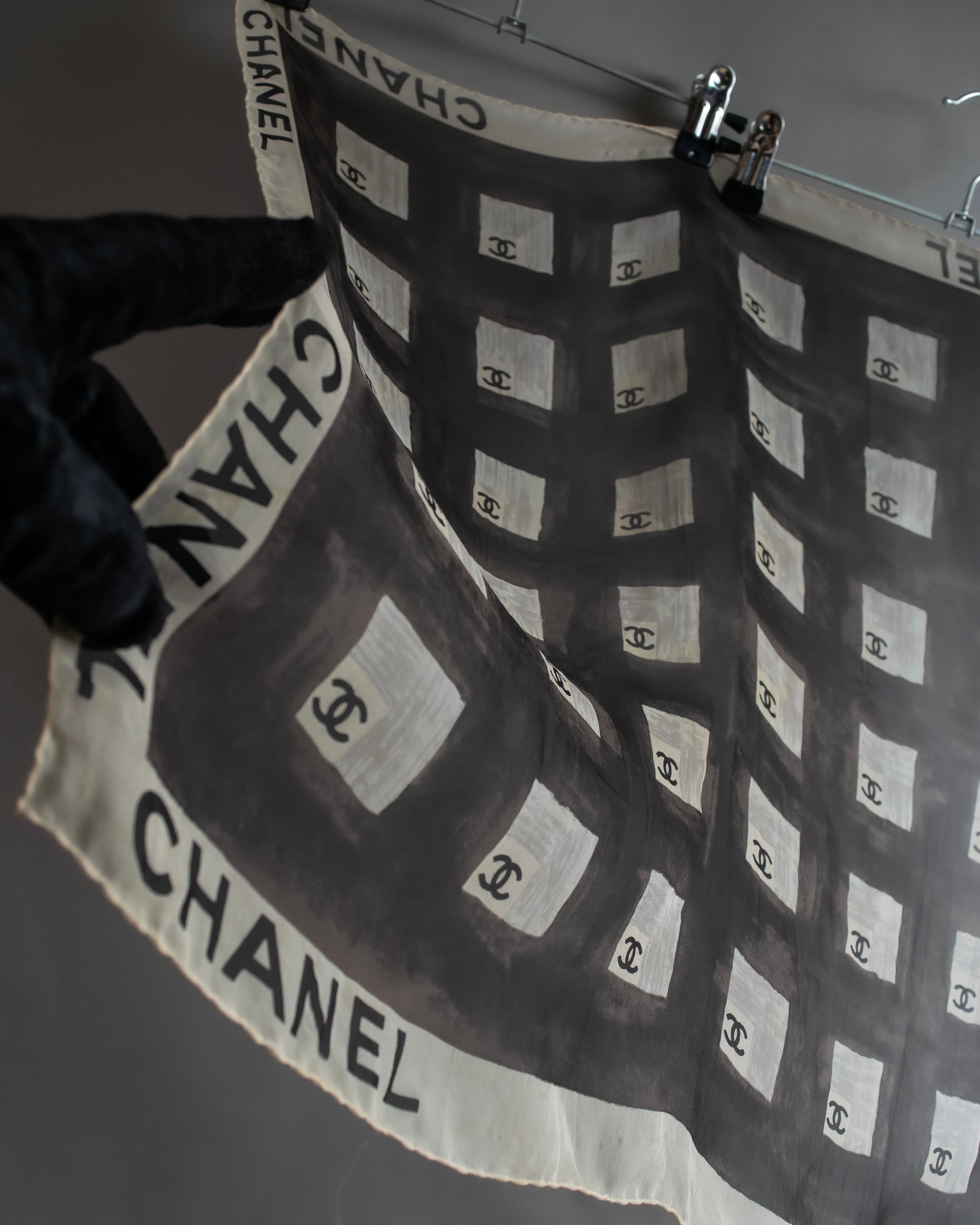 "CHANEL" Coco mark grid pattern silk scarf